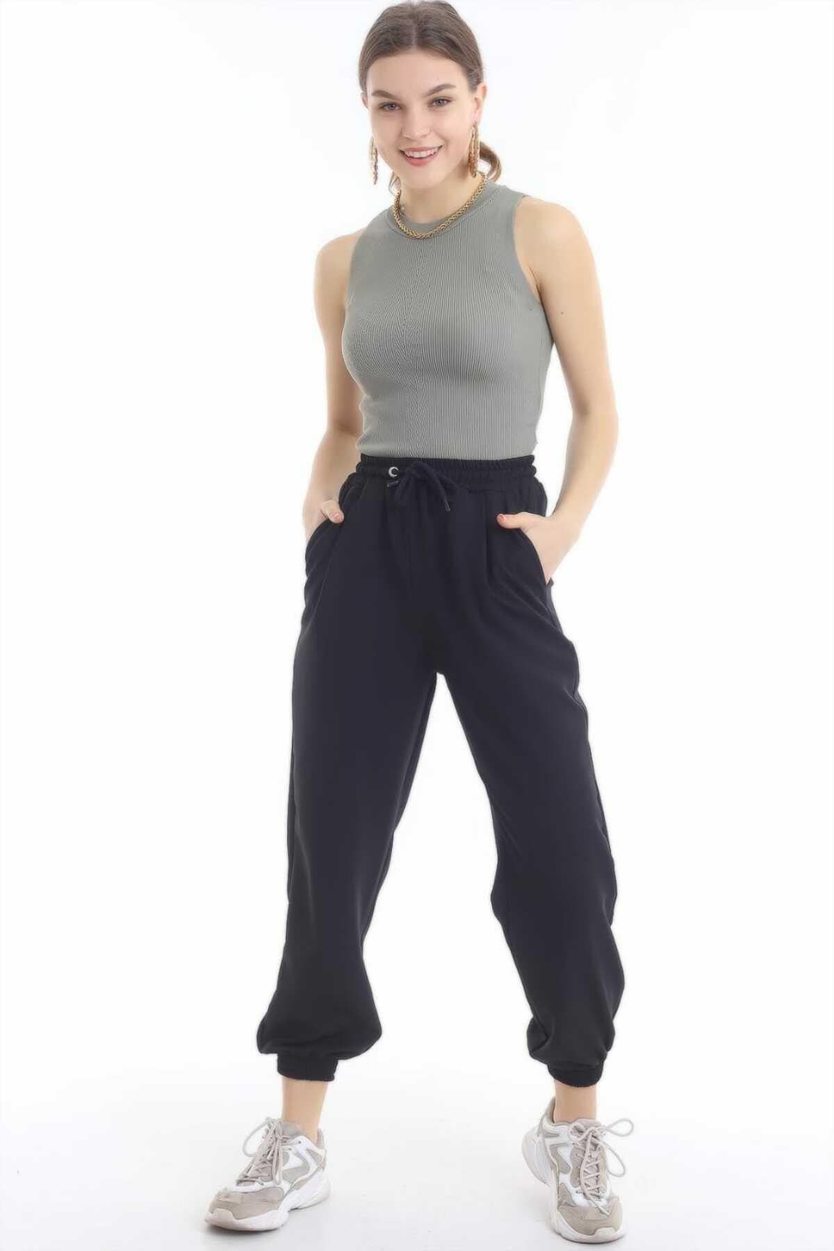 Toptan Siyah Bel ve Paça Lastik Detay Kumaş Pantolon
