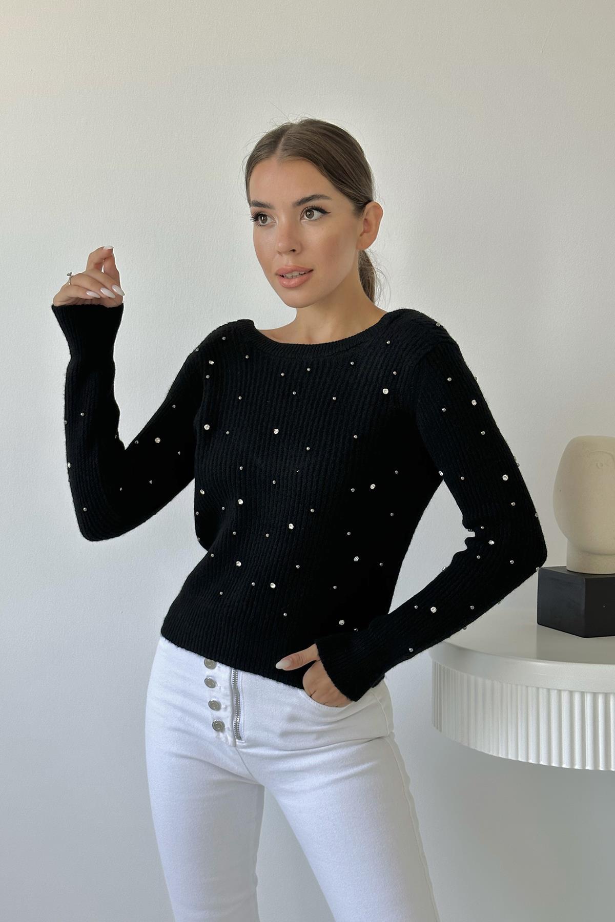 Toptan Siyah Boncuklu Triko Kazak