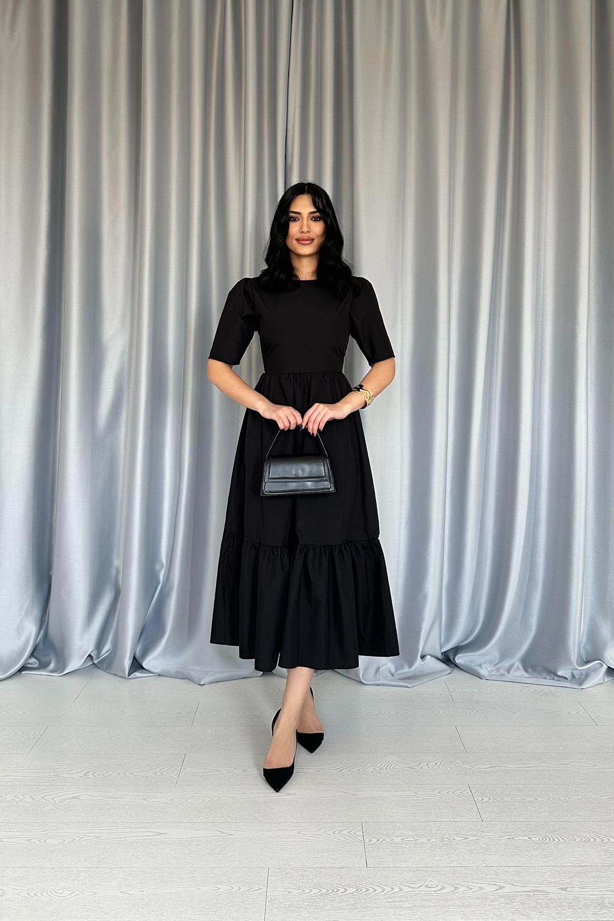 Toptan Siyah Büzgülü Uzun Elbise