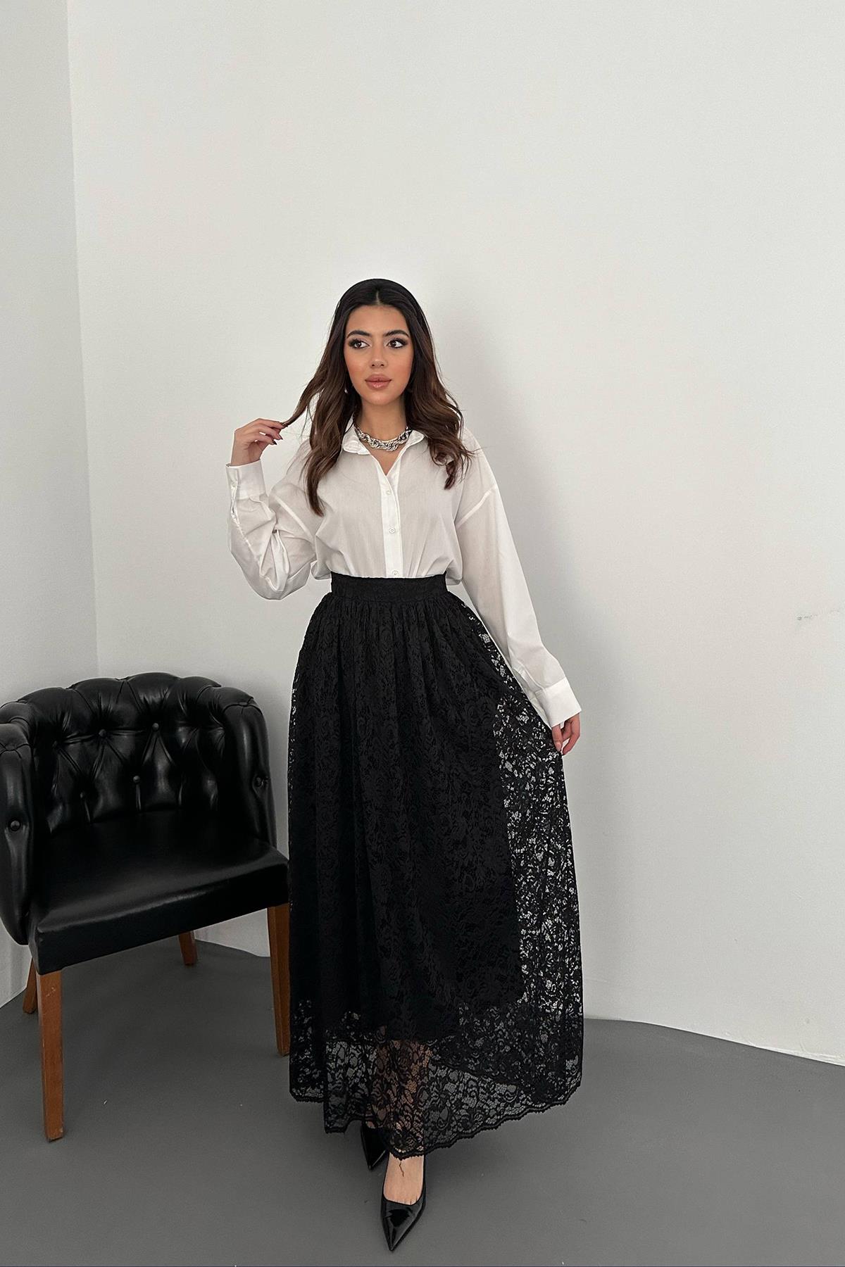 Toptan Siyah Dantelli Uzun Etek