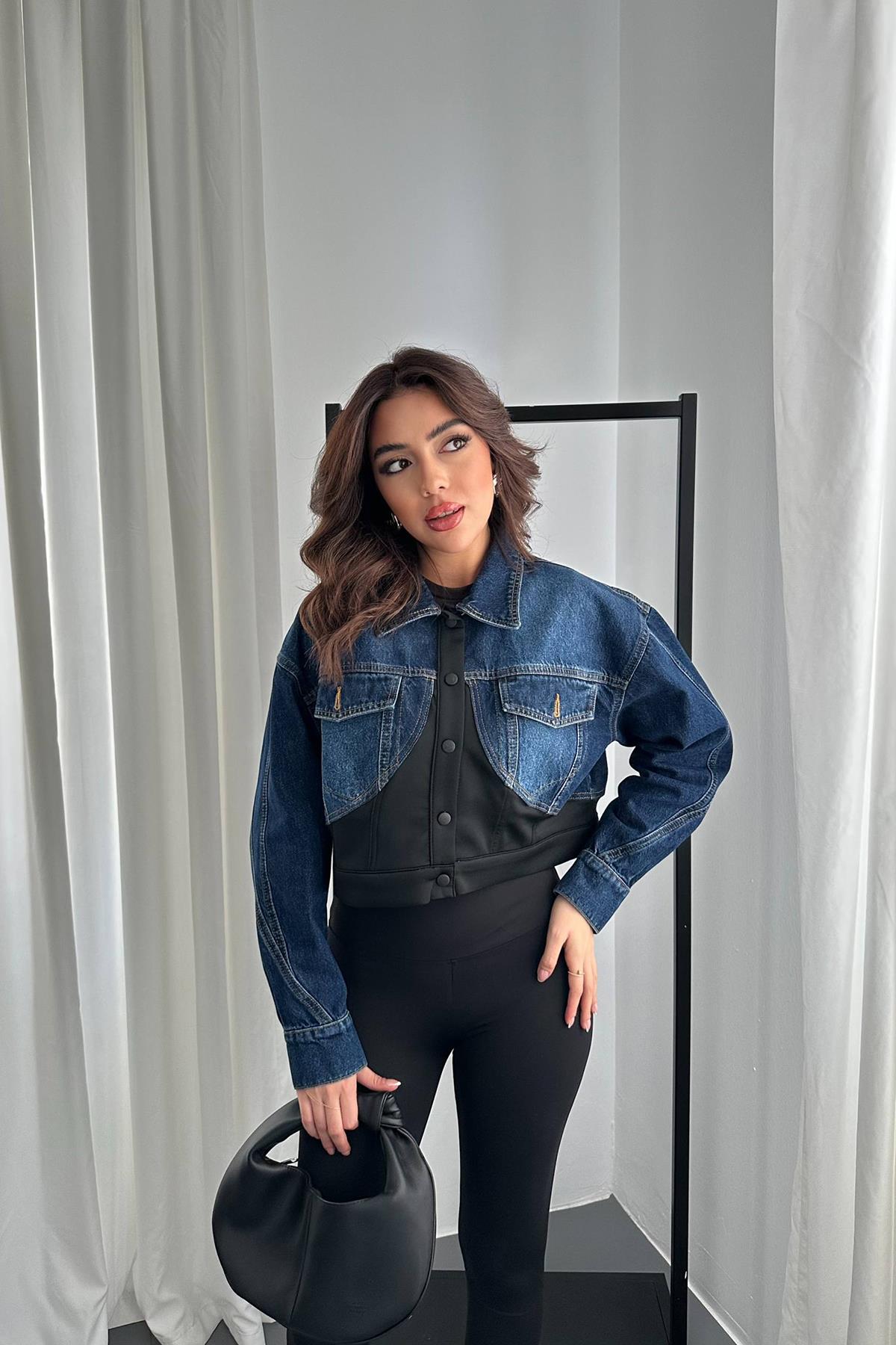 Toptan Siyah Denim Scuba Garnili Ceket