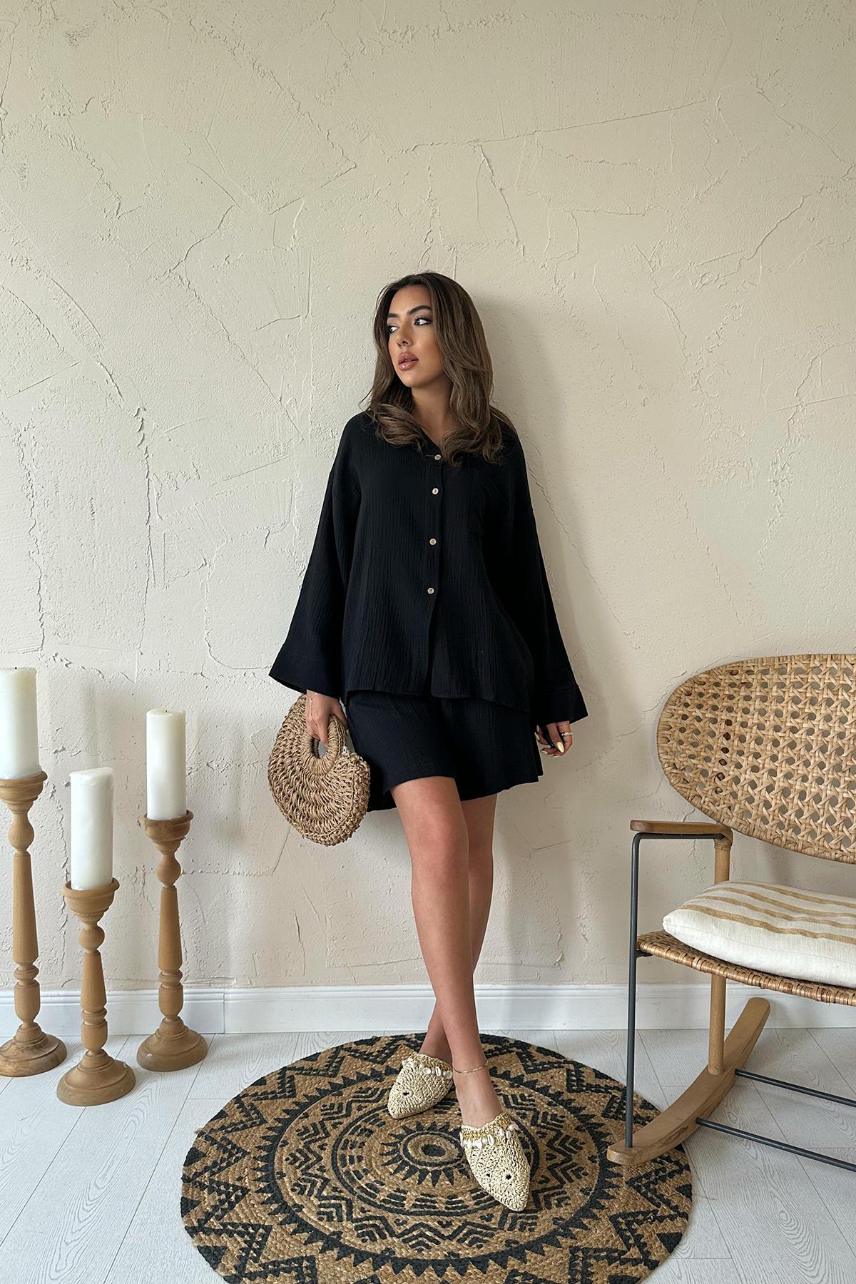 Toptan Siyah Gömlek ve Müslin Şort Takım