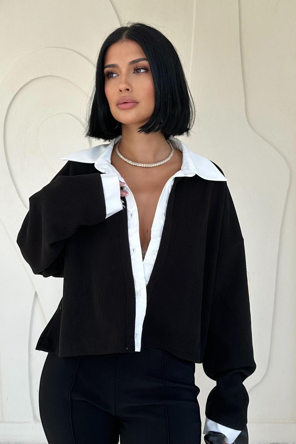 Toptan Siyah Gömlek Yakalı Bluz