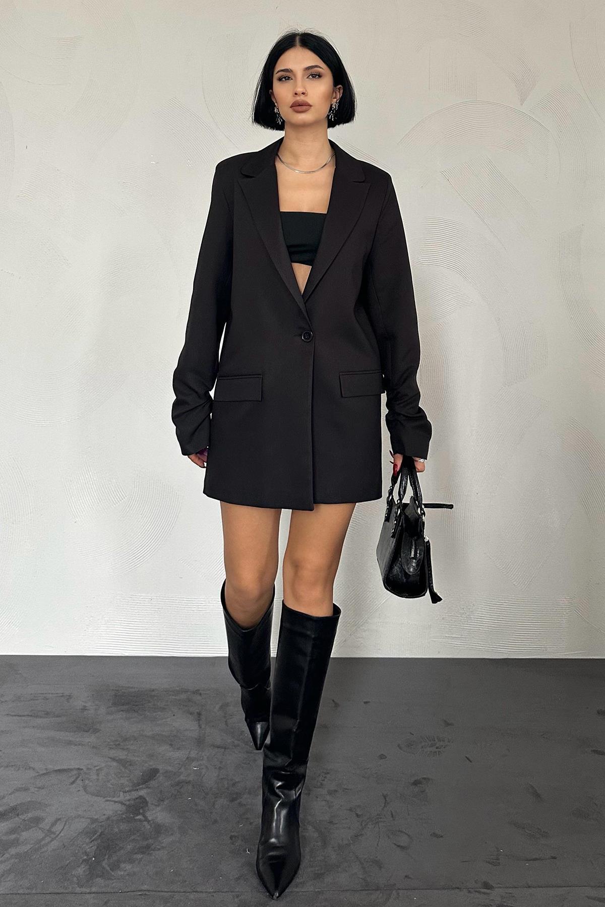 Toptan Siyah Kol Ucu Büzgülü Atlas Ceket