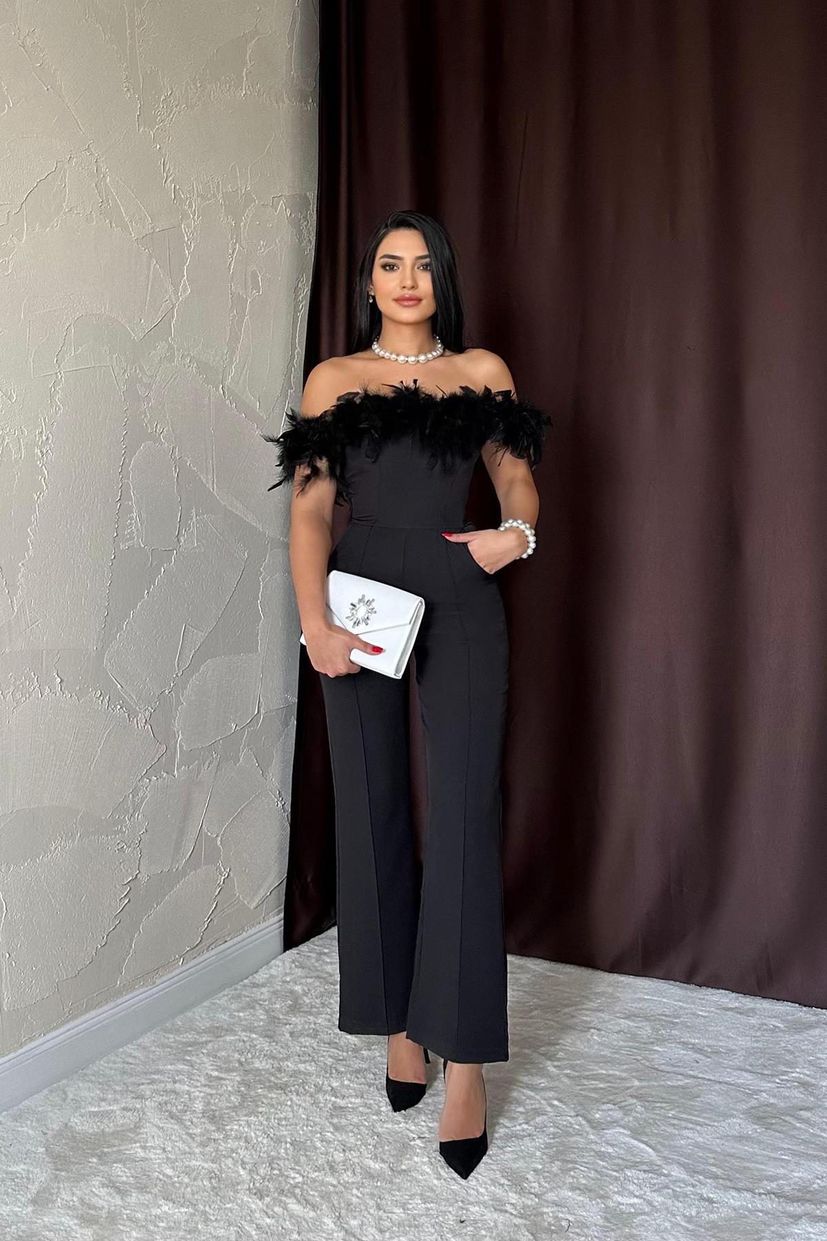 Toptan Siyah Madonna Yaka Tüylü Tulum