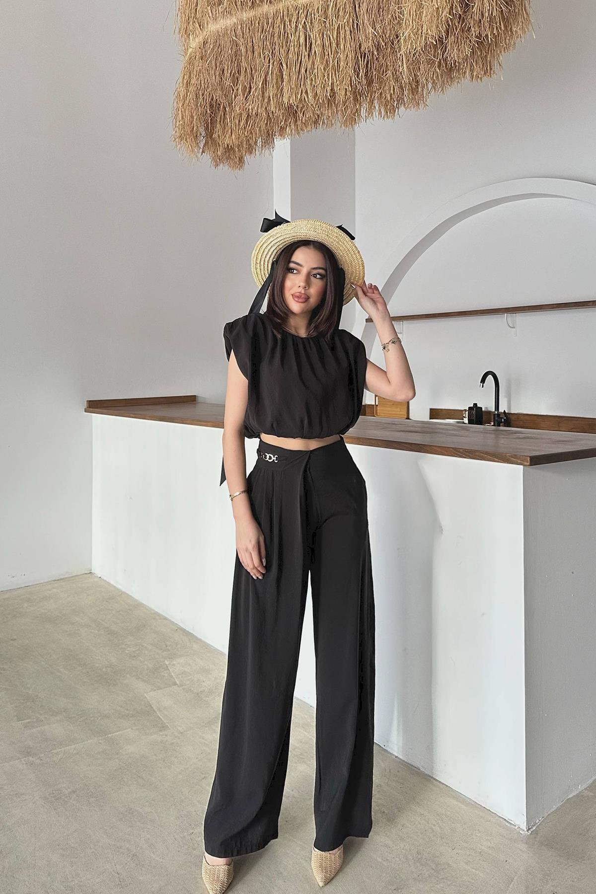 Toptan Siyah Modal Bluz Ve Pantolon Takım