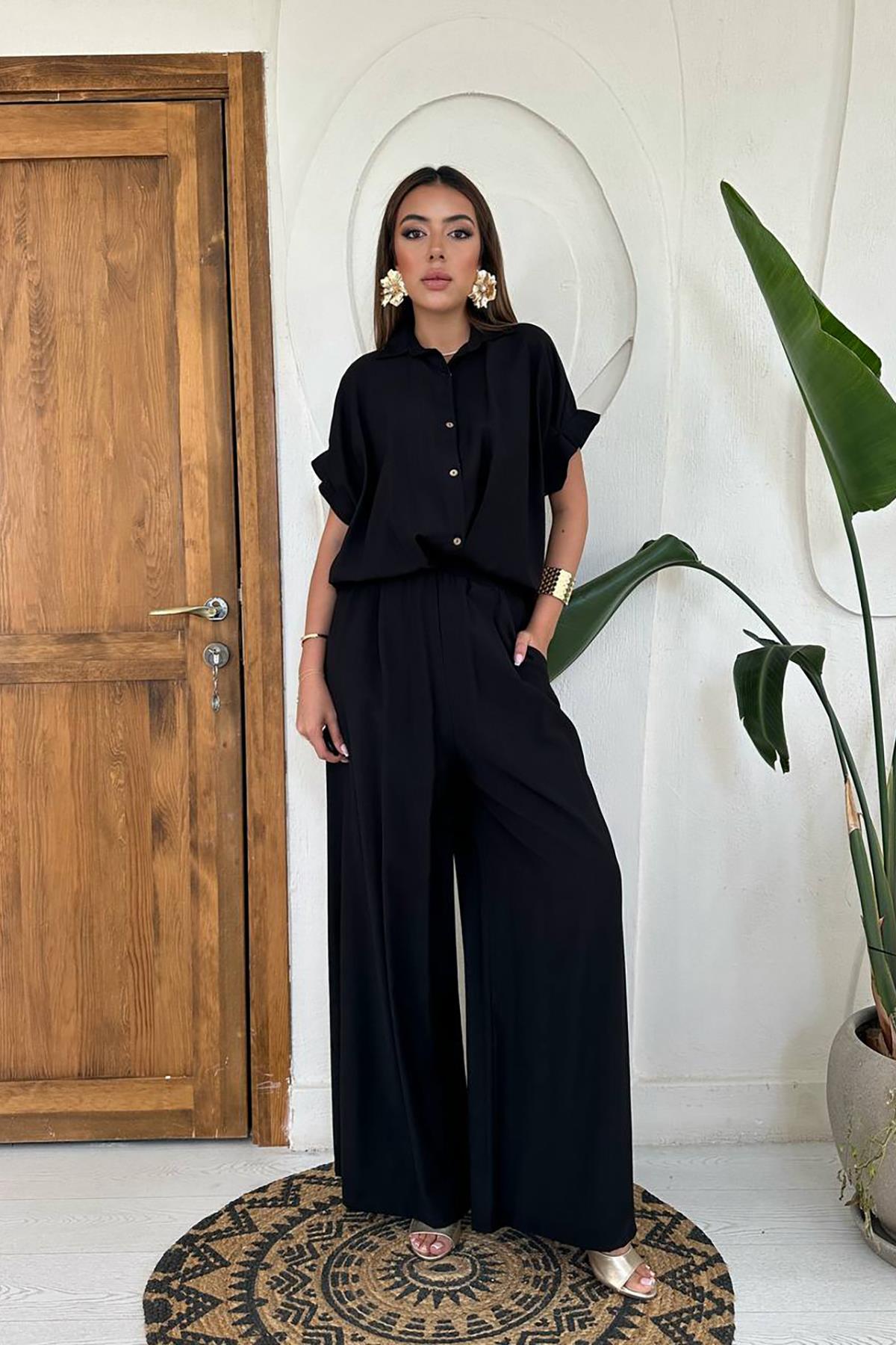 Wholesale Black Pleated Front Two-Piece Linen Suit