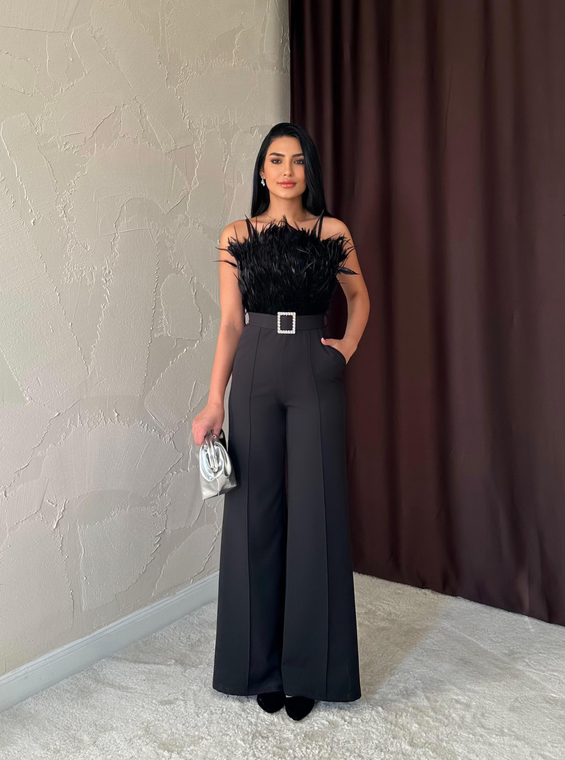 Toptan Siyah Otriş Detaylı Kemerli Tulum