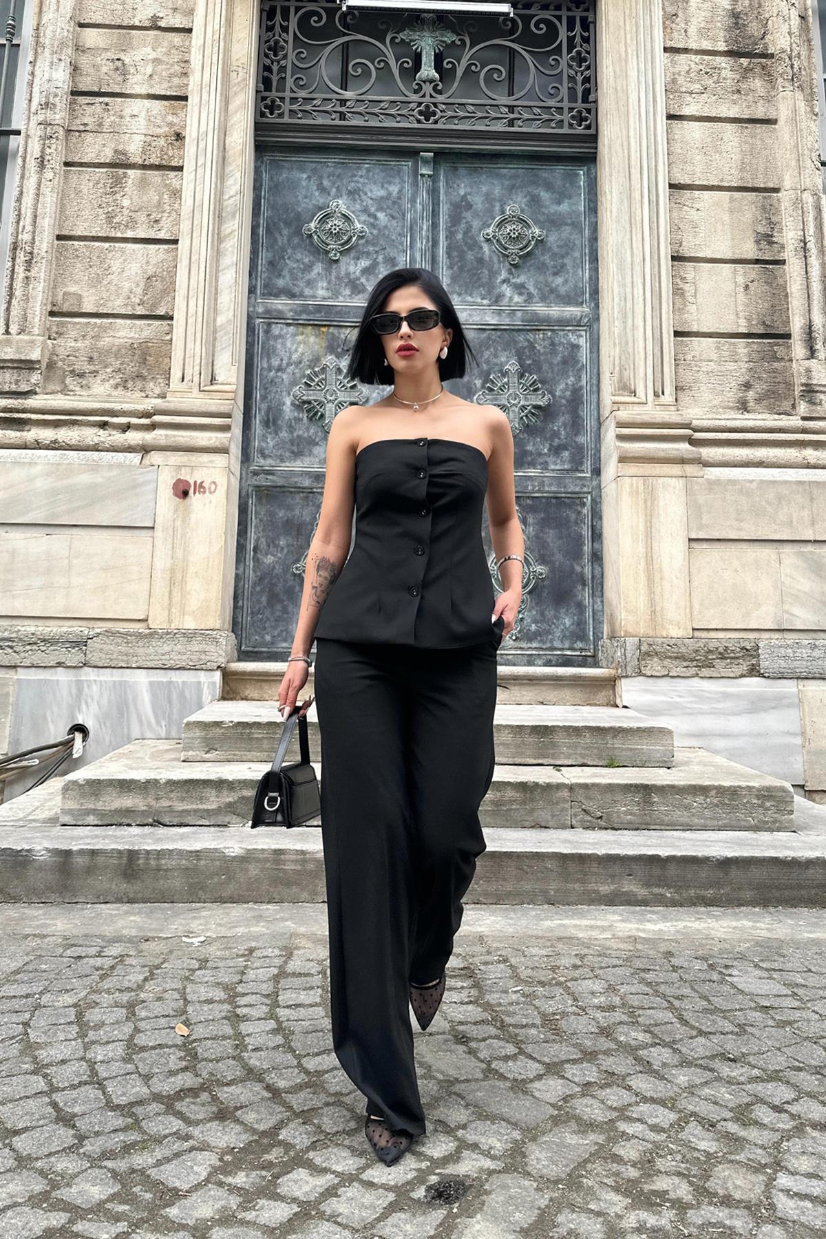 Toptan Siyah Straplez Düğmeli Crop ve Pantolon Takım