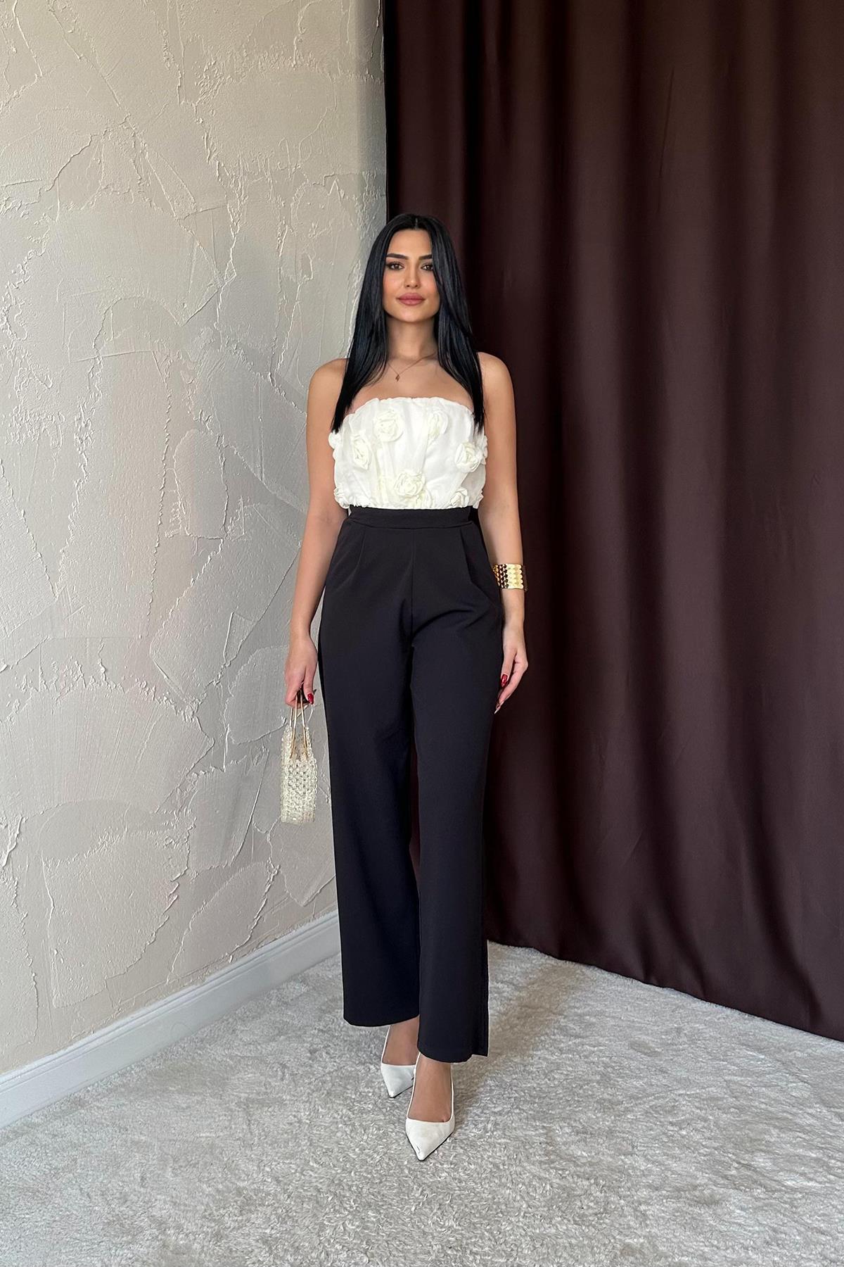 Toptan Siyah Tüllü Gül Detaylı Tulum