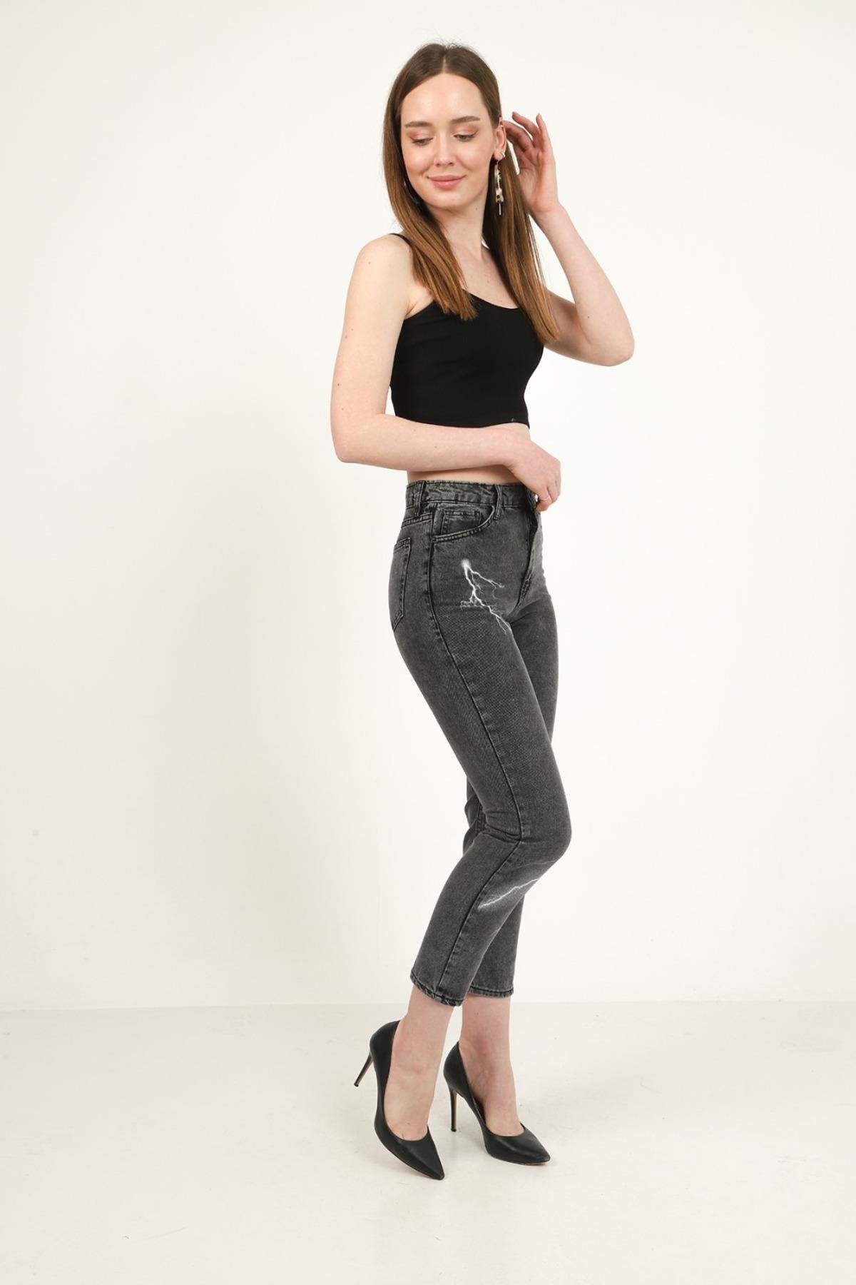 Toptan Siyah Yıldırım Desenli Jeans Pantolon