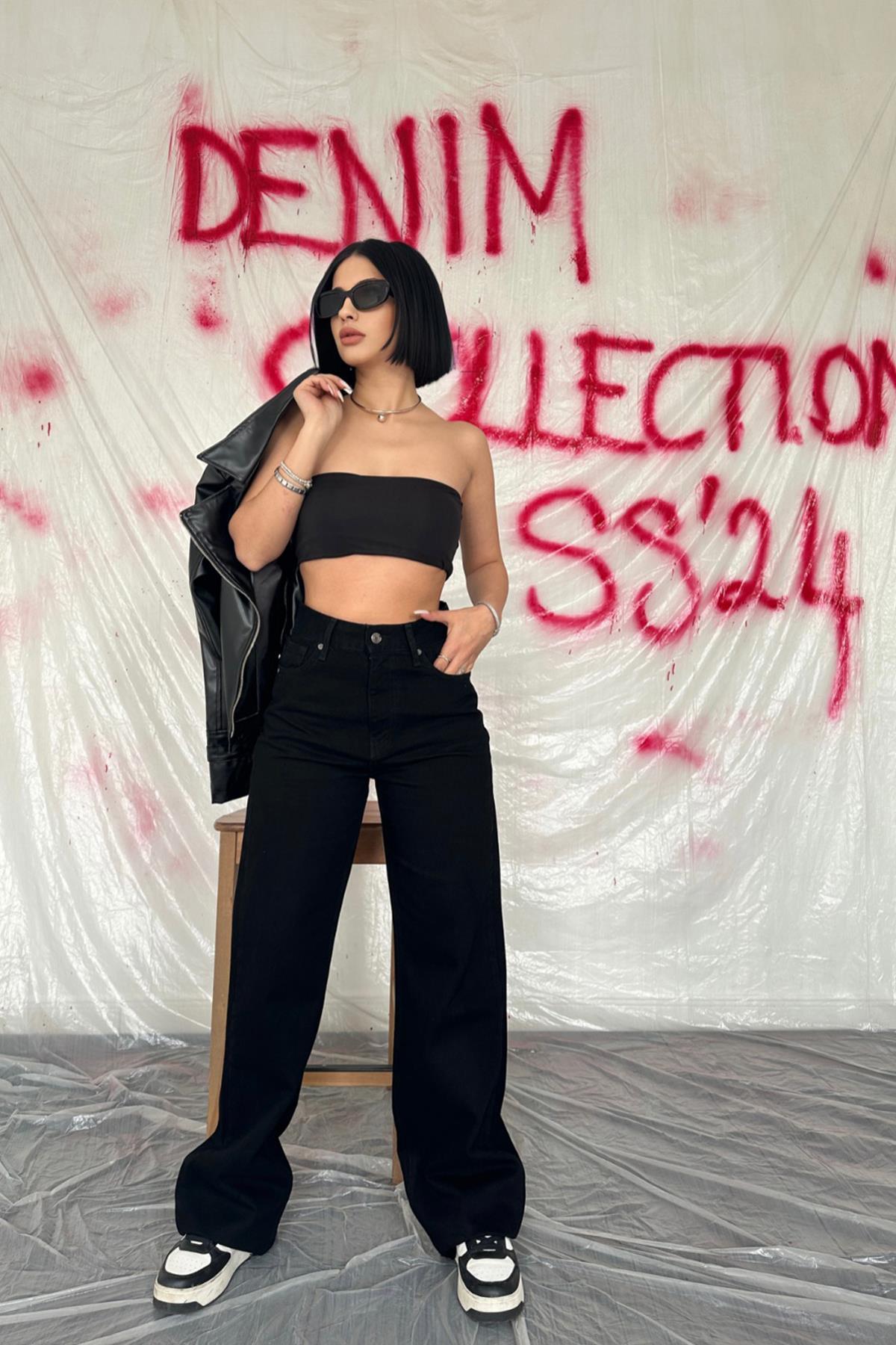 Оптовые черные джинсы с высокой талией и широкими штанинами