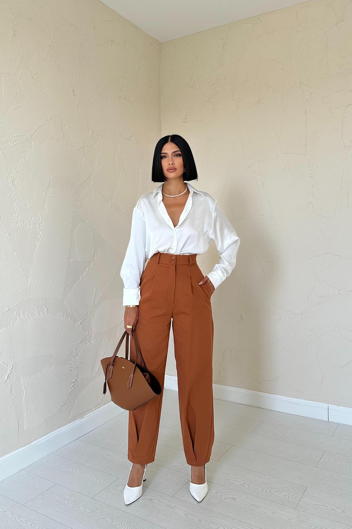 Toptan Taba Düğme Detaylı Pantolon