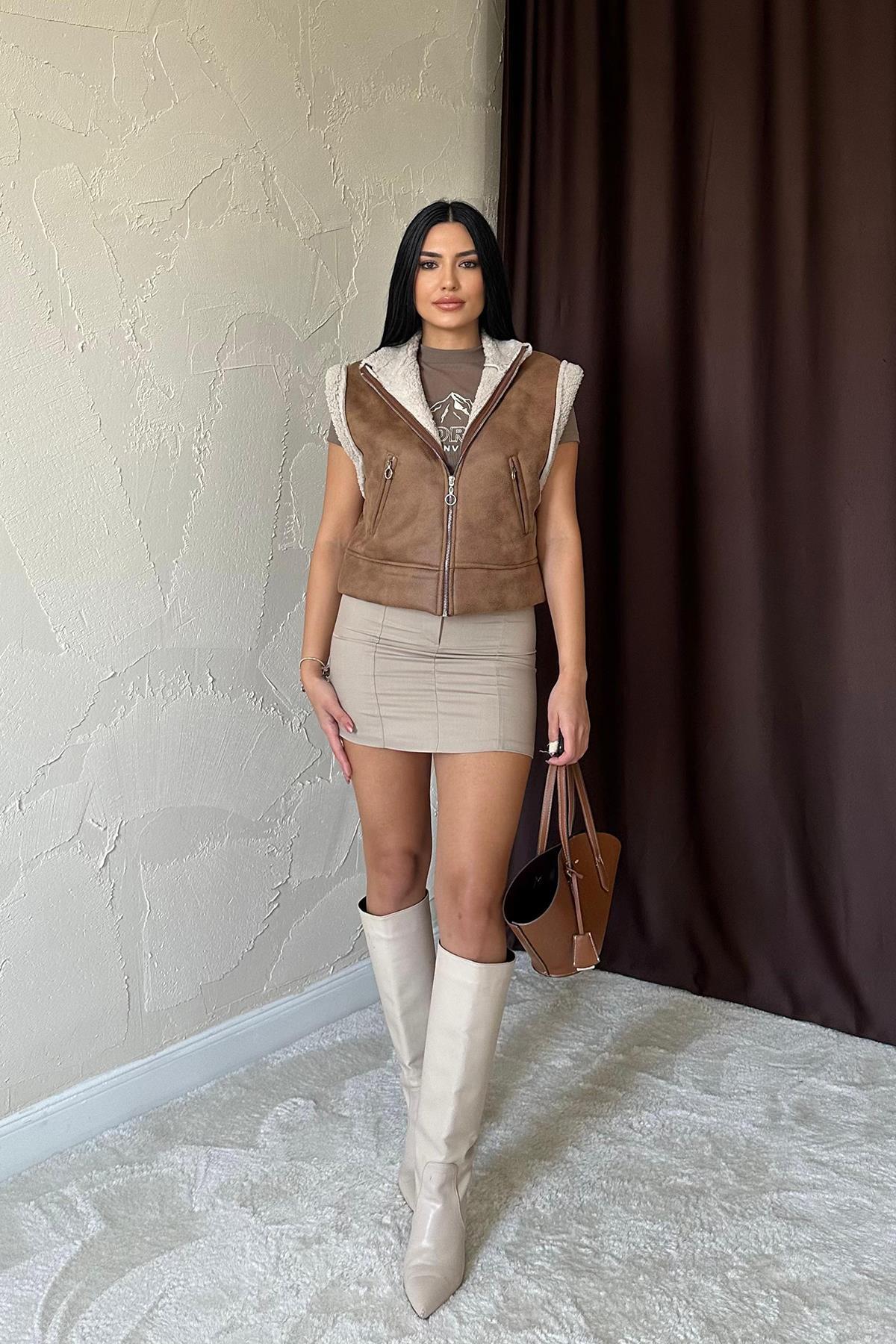 Оптовый короткий жилет из норки с карманом