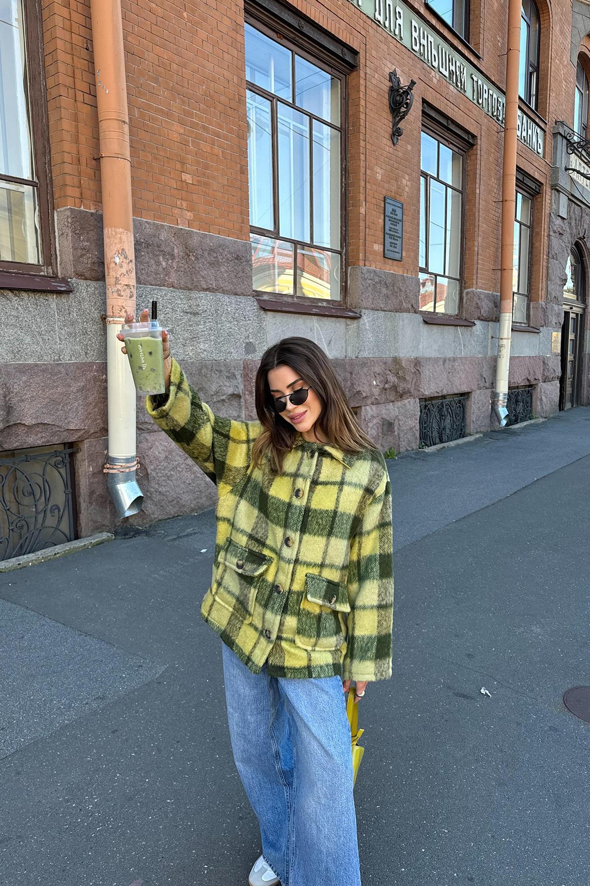 Toptan Yeşil Düğmeli Ekoseli Kadın Kaban