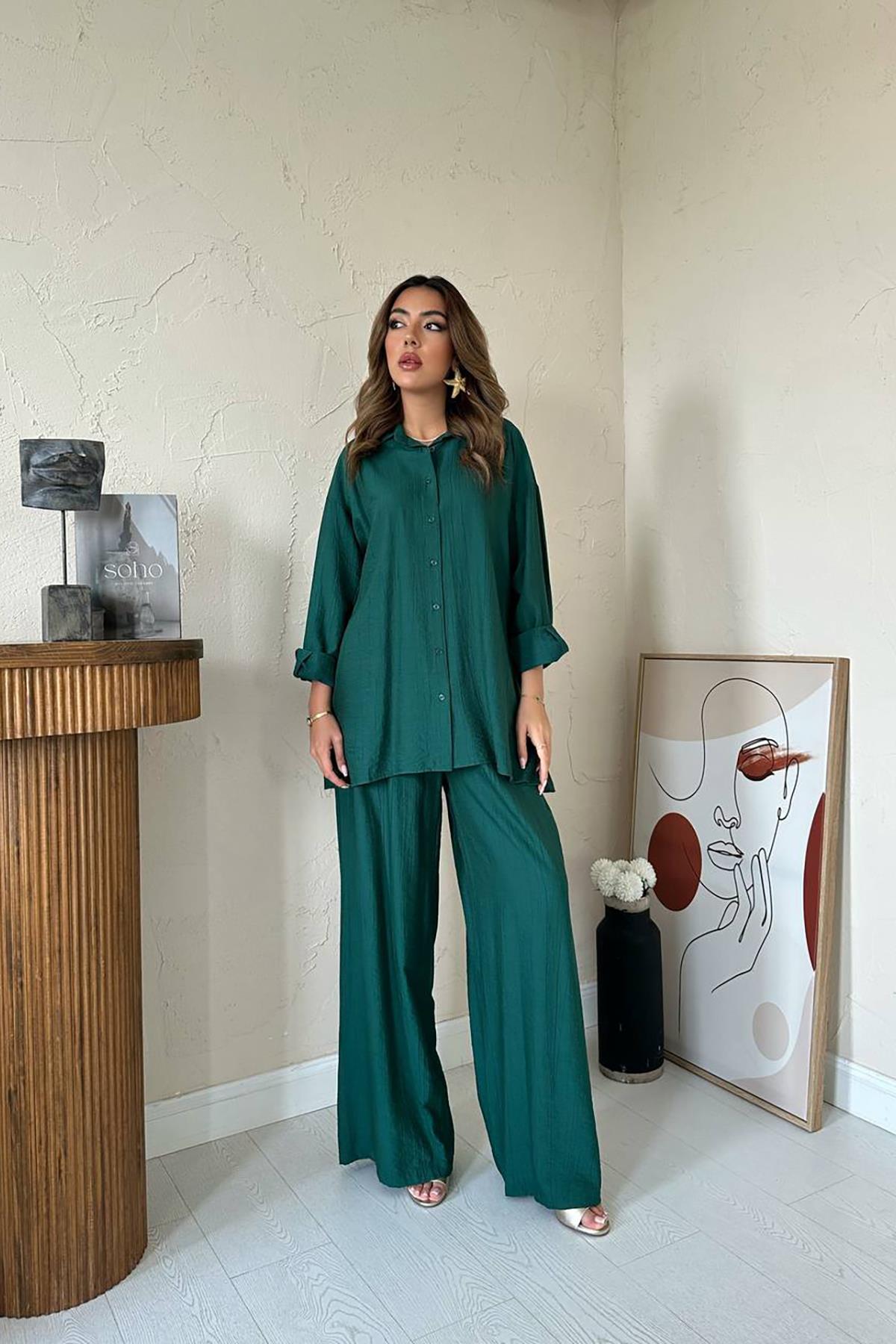 Toptan Zümrüt Alice Gömlek ve Bol Kesim Pantolon Takım
