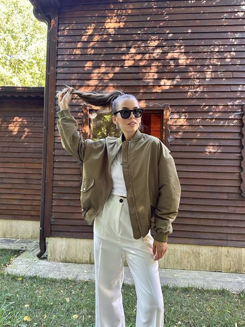 Piece Bomber Jacket Dark Khaki elisafashionwoman
