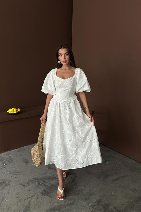 Wholesale White Balloon Sleeve Lace Embroidery Dress