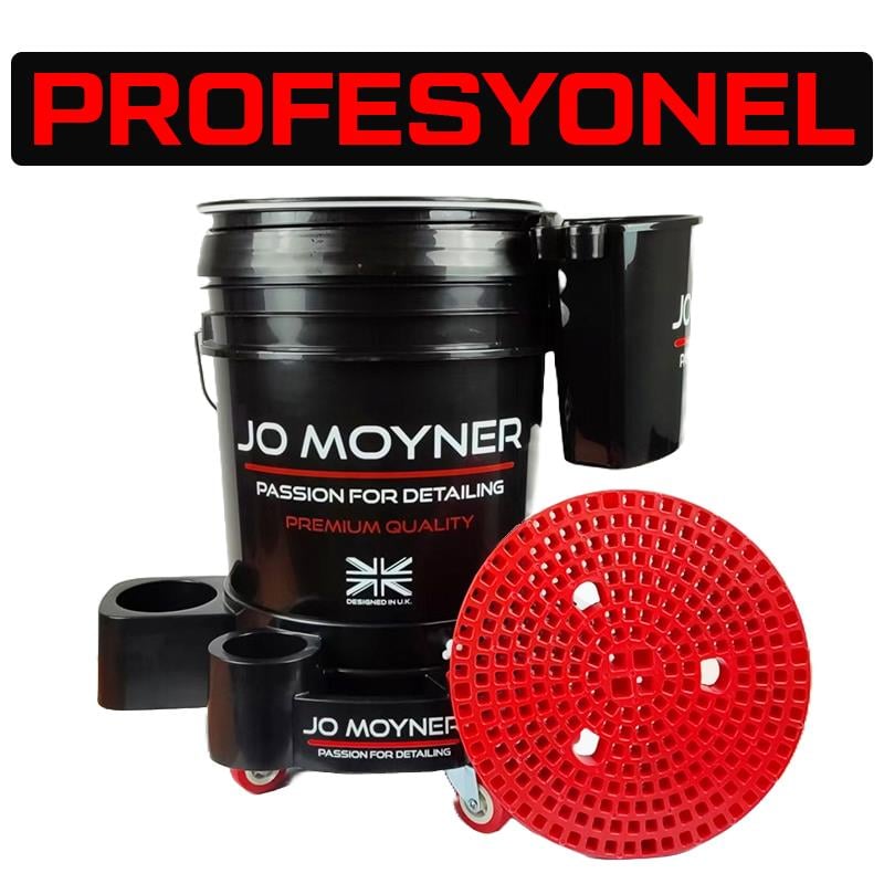 Jo Moyner Grit Guard Wash Bucket Yıkama Kovası Kapaklı Kir Tutucu ve Asma Aparatı Özel Tekerlekli Premium Siyah Set