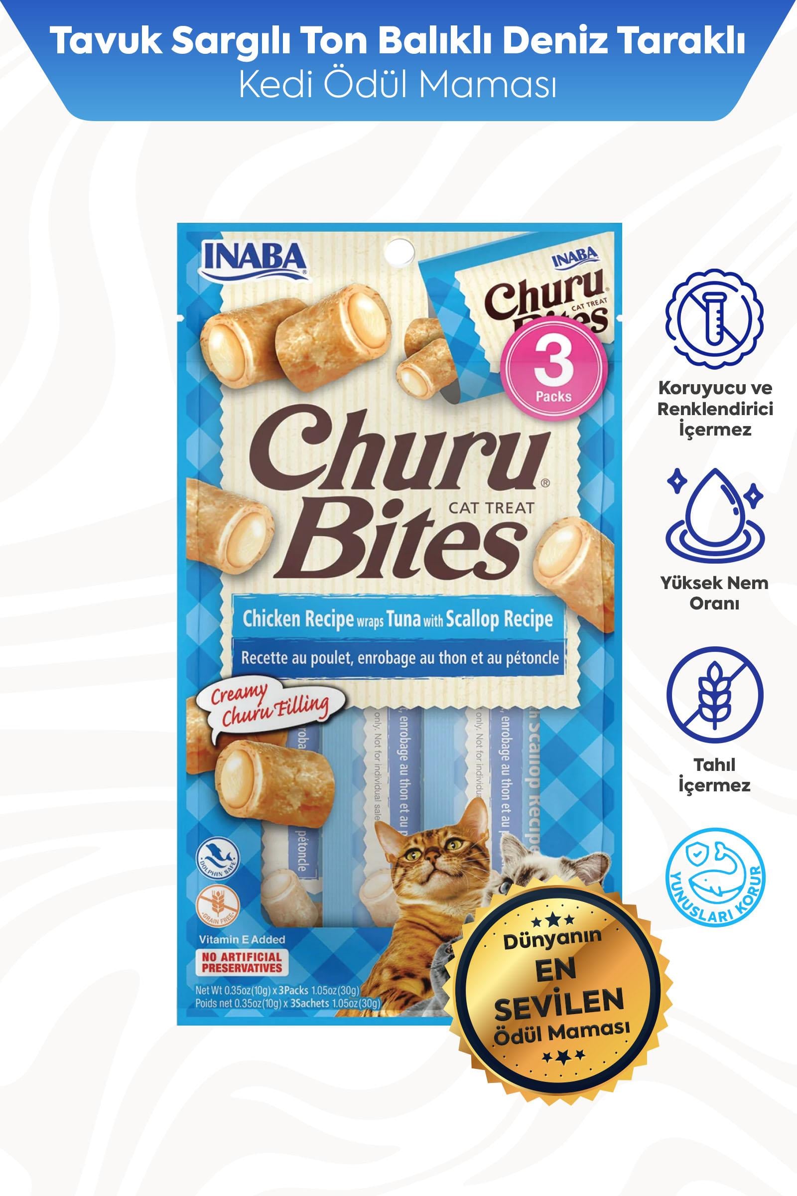 Ciao Churu Bites Tavuk  Sargılı, Deniz Taraklı ve Ton Balıklı Kedi Ödül Maması 3 x 10 Gr