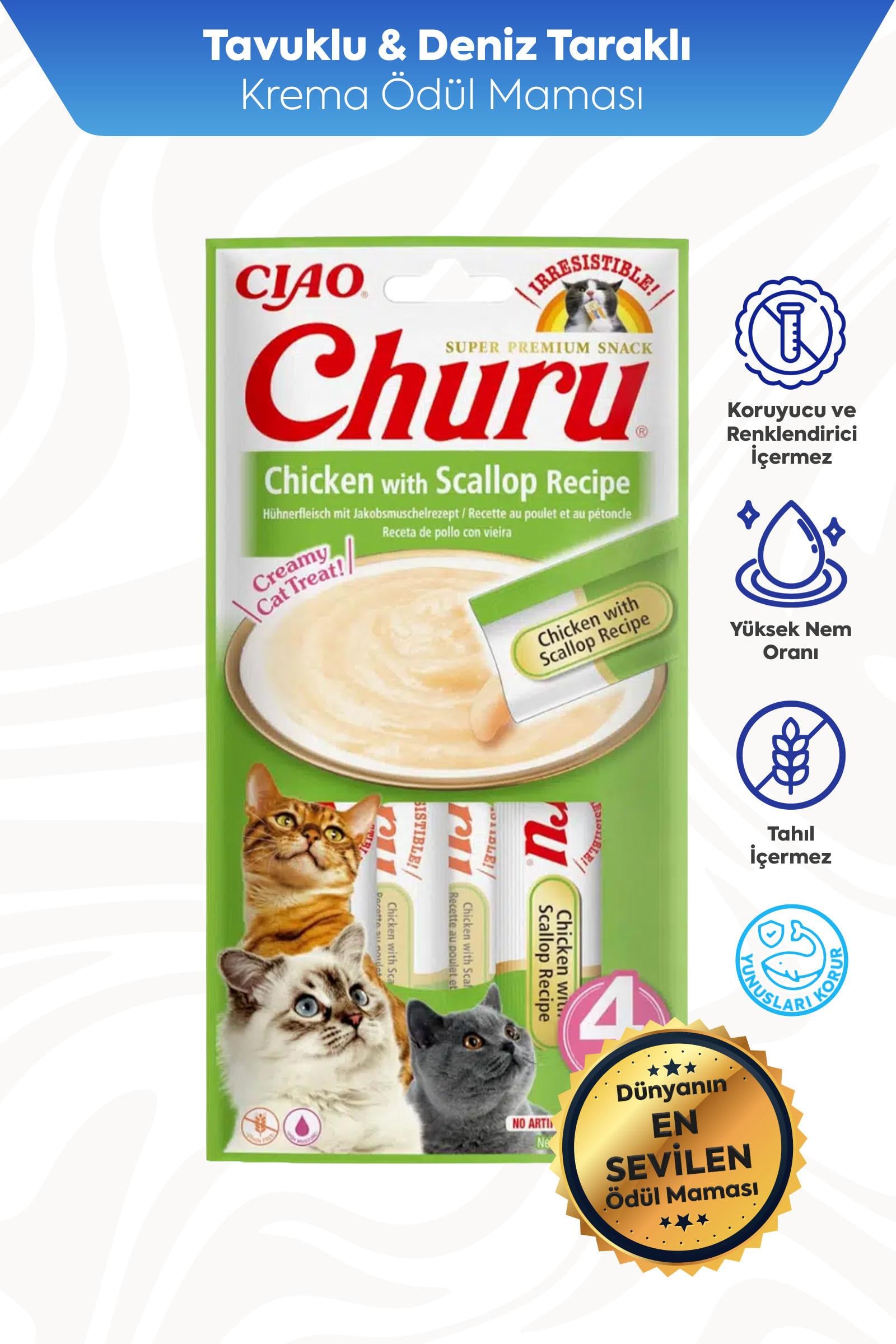 Ciao Churu Cream Tavuklu ve Deniz Taraklı Kedi Ödül Kreması 4 x 14 Gr