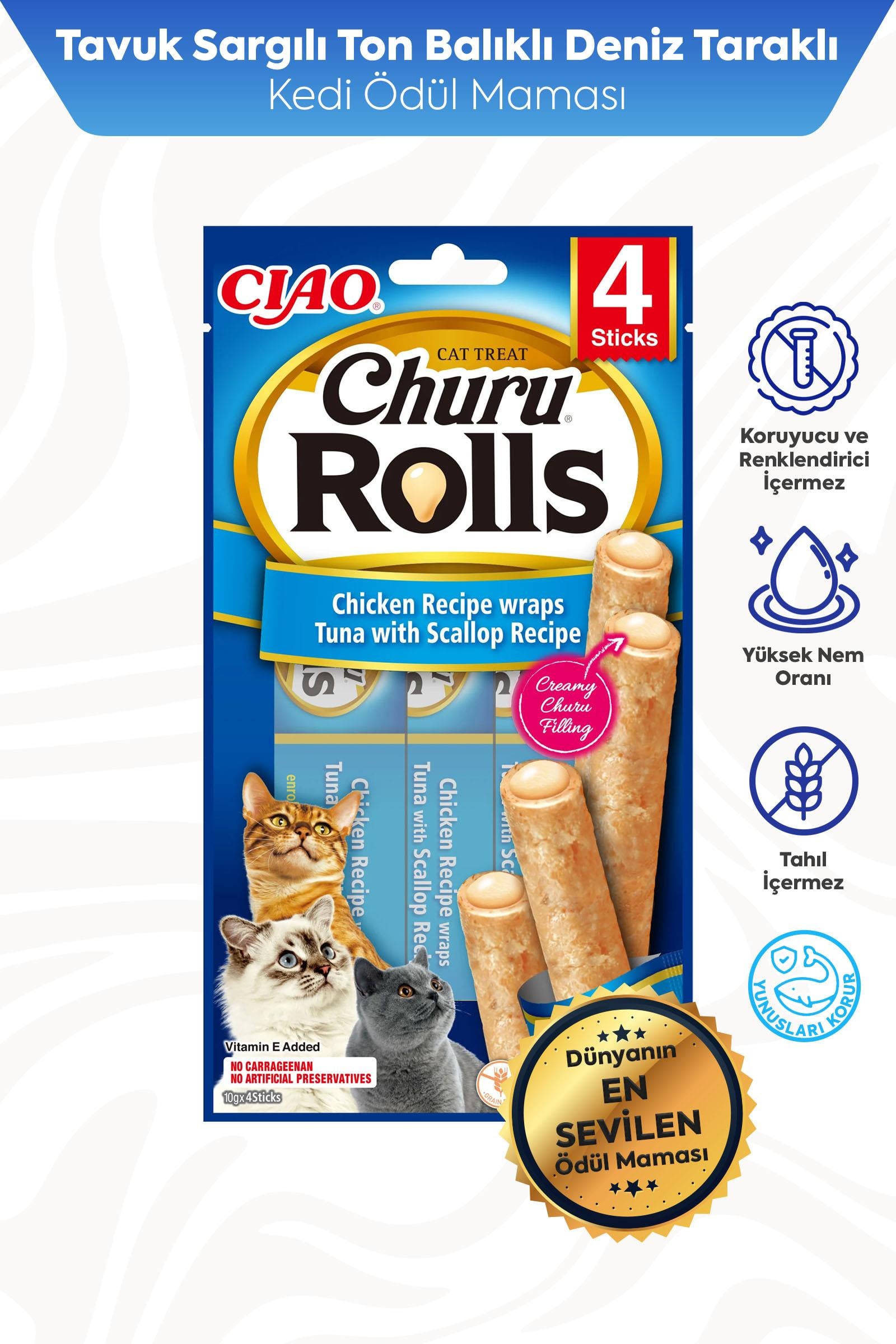 Ciao Churu Rolls Sticks Deniz Taraklı, Tavuk Sargılı ve Ton Balıklı Kedi Ödül Maması 4 x 10 Gr