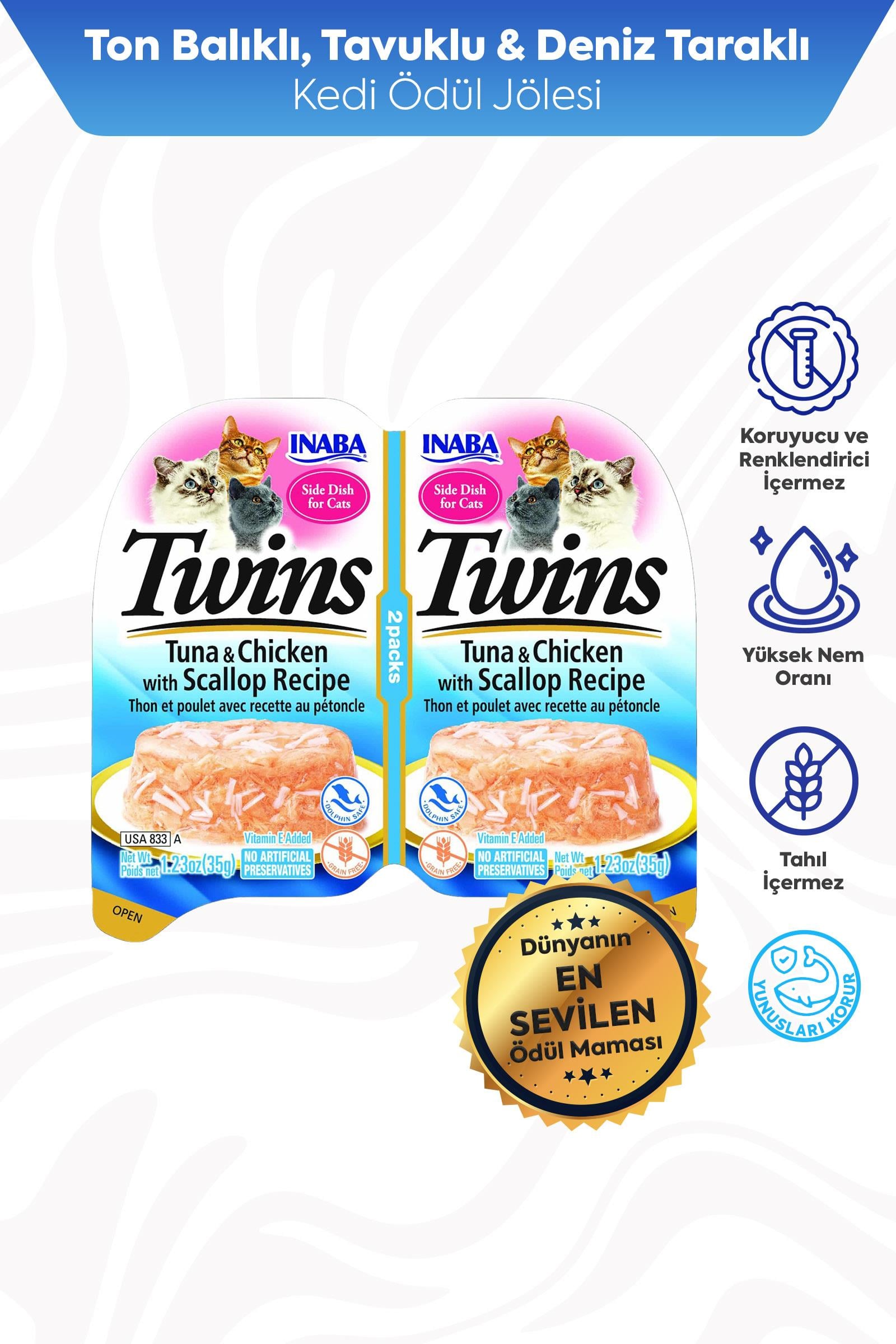 Inaba Twins Ton Balıklı, Deniz Taraklı ve Tavuklu Kedi Ödül Jölesi 2 x 35 Gr