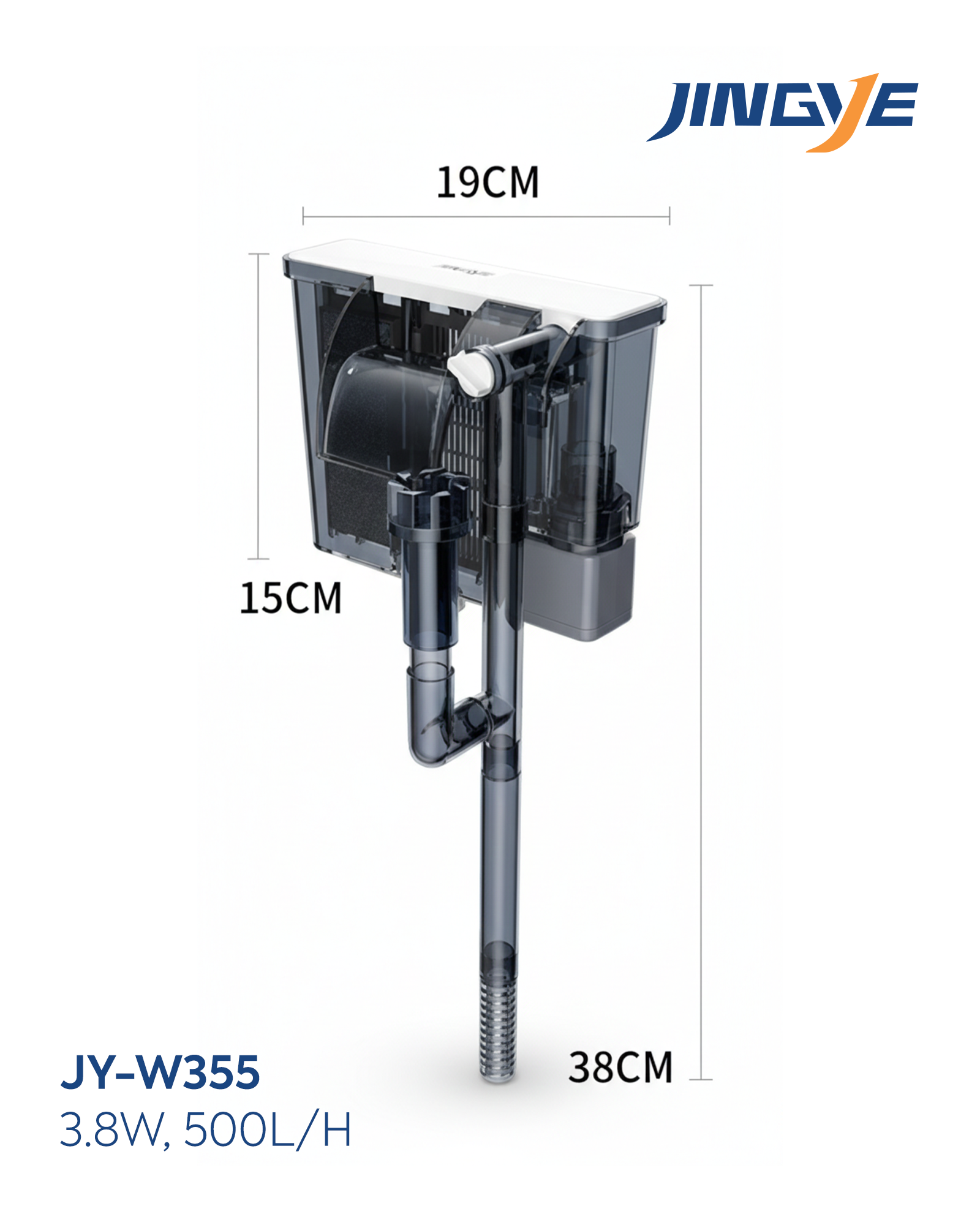 Jingye Akvaryum Asmalı Şeffaf İç Filtre Beyaz 3.8W, 500L/H