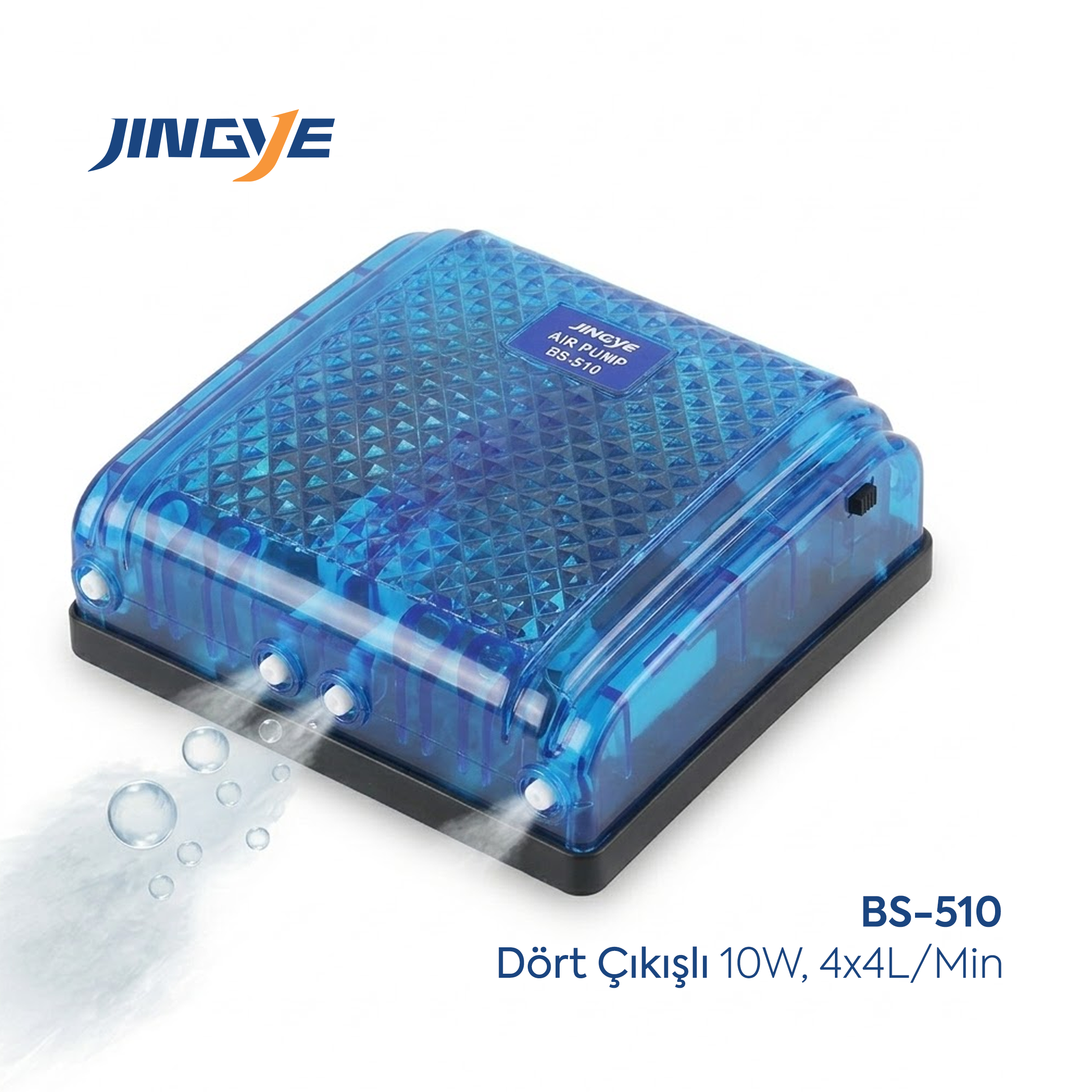 Jingye Dört Çıkışlı Akvaryum Hava Motoru Mavi 10W, 4x4L/Min