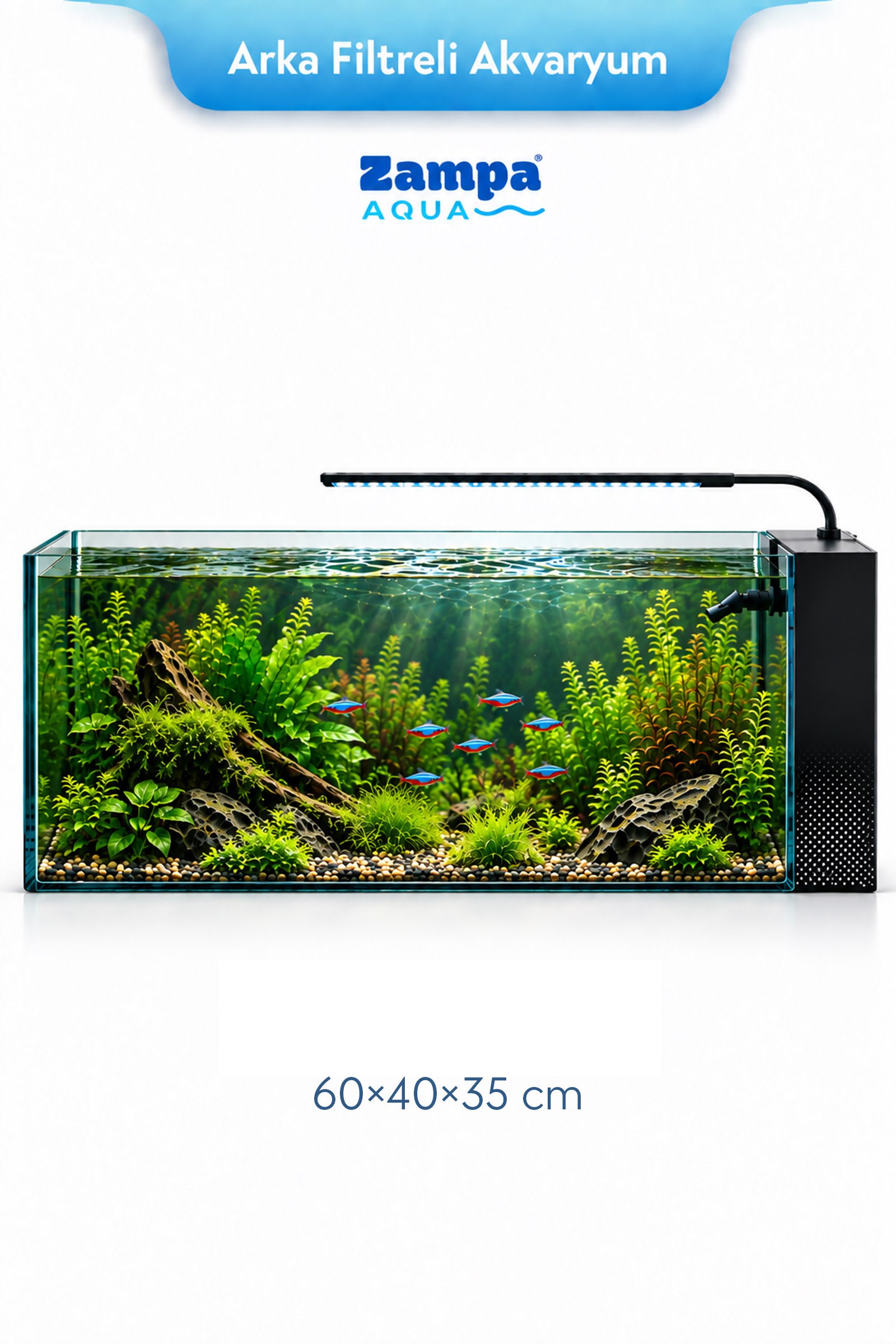 Zampa AQUA Jingming Akvaryum Arka Filtreli Siyah 600×350×350 mm