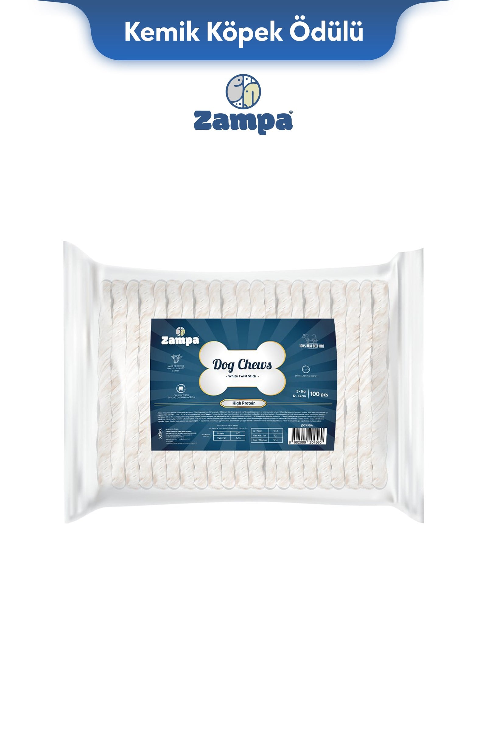 Zampa Beyaz Burgu Çubuk (Sticks) Kemik Köpek Ödülü 100 lü 5g