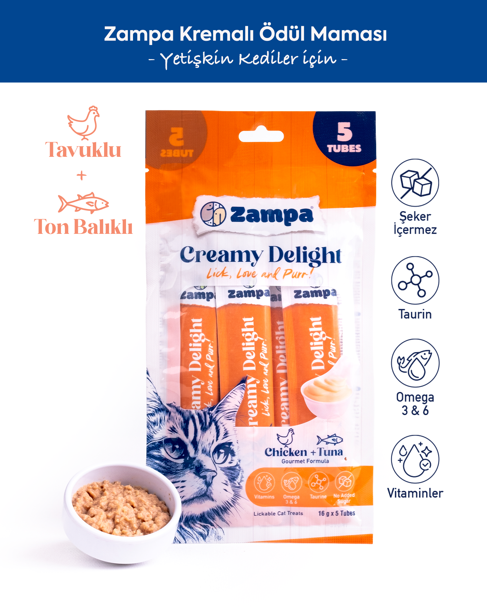 Zampa Creamy Delight Tavuklu & Tuna Balıklı Kedi Krema Ödül Maması - 16g x 5