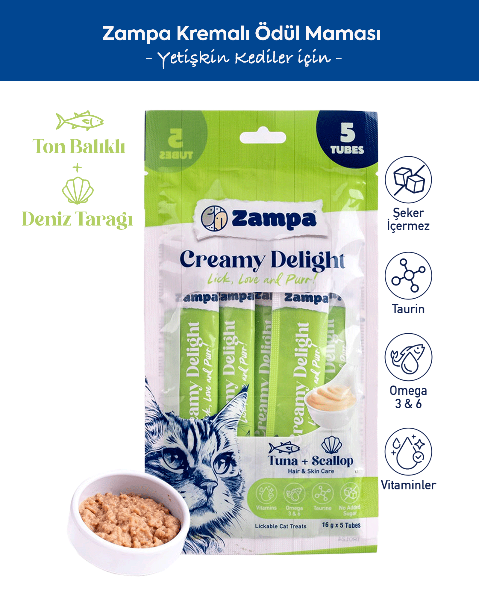 Zampa Creamy Delight Ton Balıklı & Deniz Taraklı Kedi Krema Ödül Maması - 16g x 5