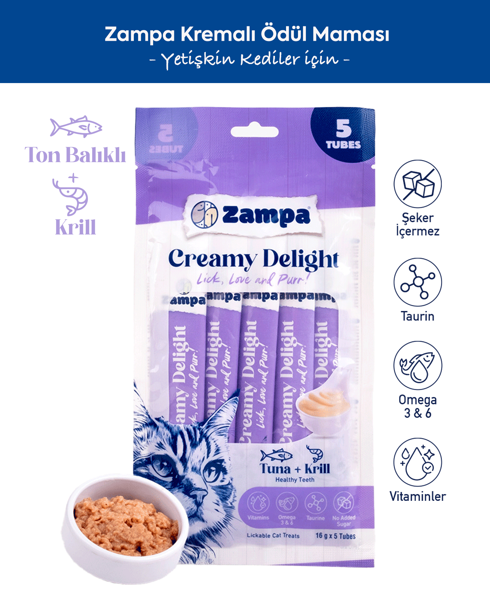 Zampa Creamy Delight Ton Balıklı & Krill Kedi Krema Ödül Maması - 16g x 5
