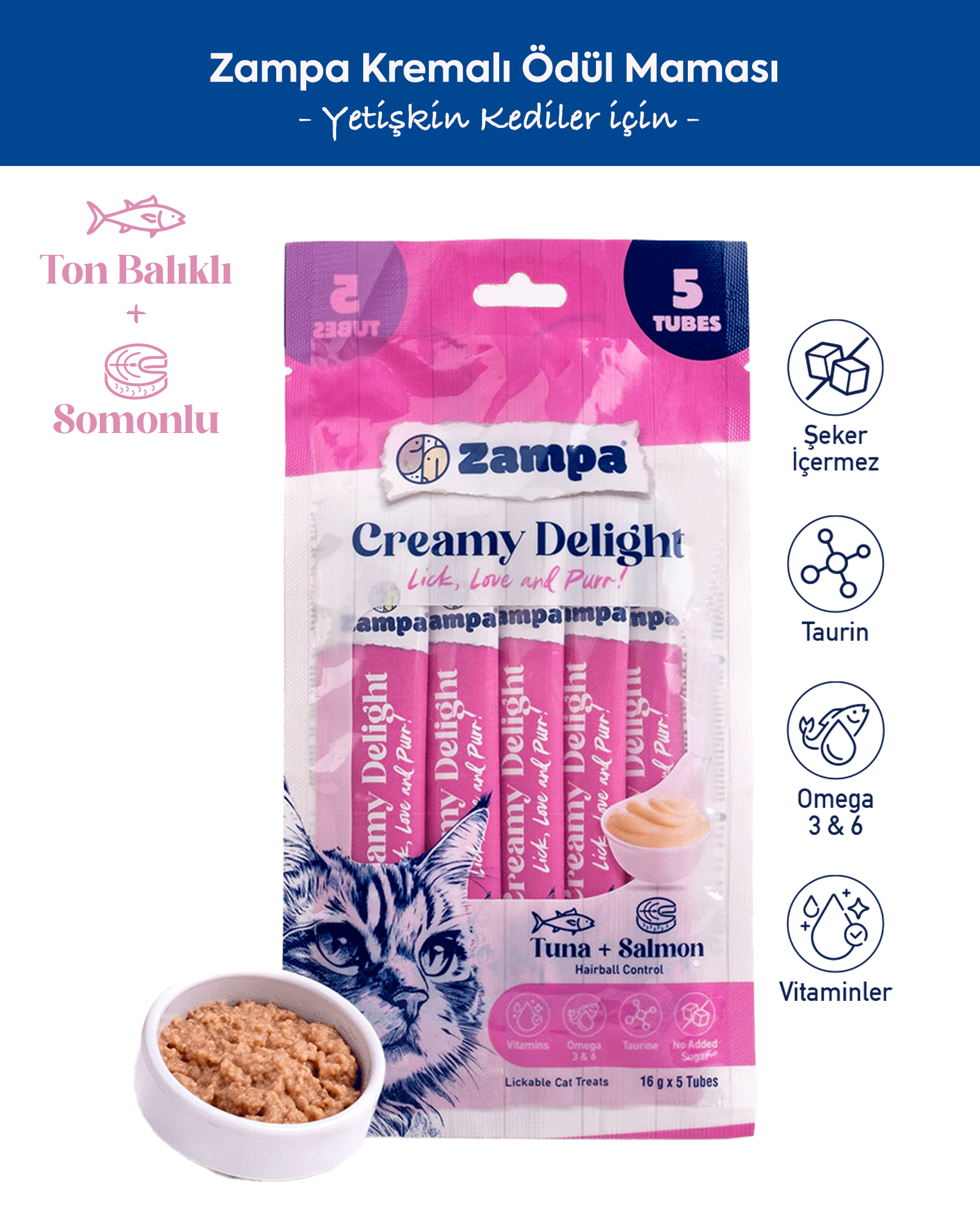 Zampa Creamy Delight Ton Balıklı & Somonlu Kedi Krema Ödül Maması - 16g x 5