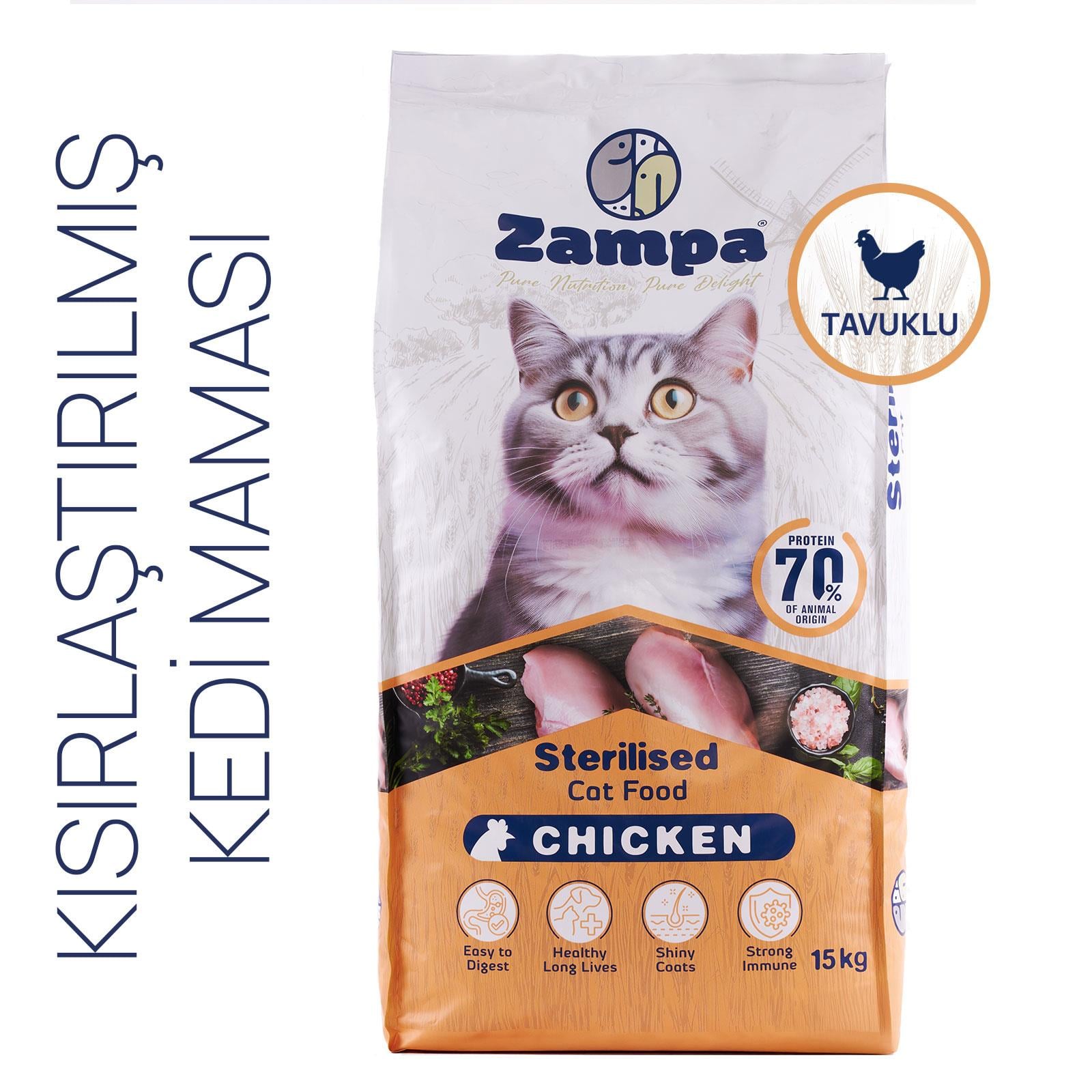 Zampa Kısırlaştırılmış Kediler için Tam ve Dengeli Tavuk Etli Kuru mama 15Kg