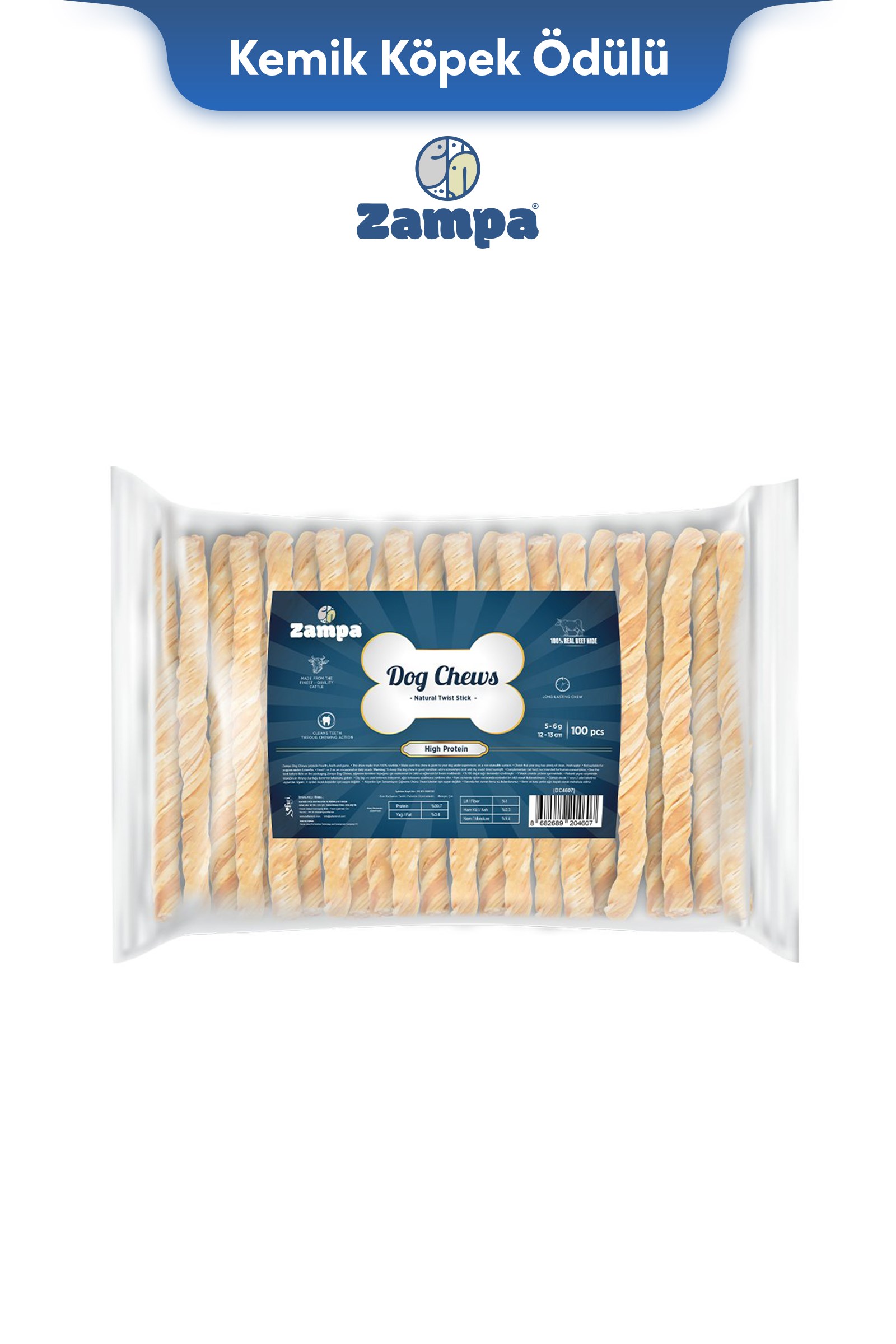 Zampa Natürel Burgu Çubuk (Sticks) Kemik Köpek Ödülü 100 lü 5g