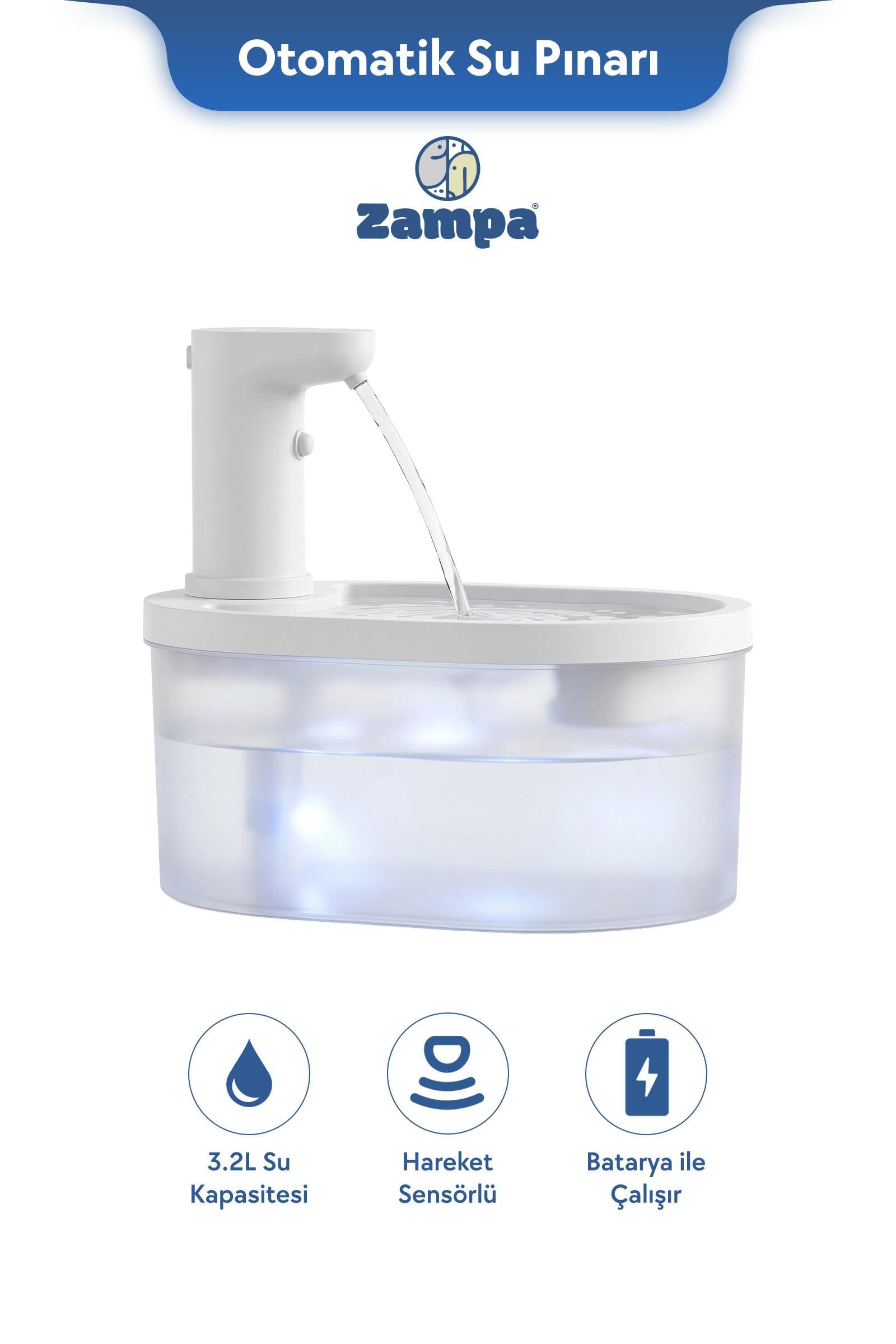 Zampa Oval Pet Otomatik Su Pınarı(Bataryalı) - Beyaz