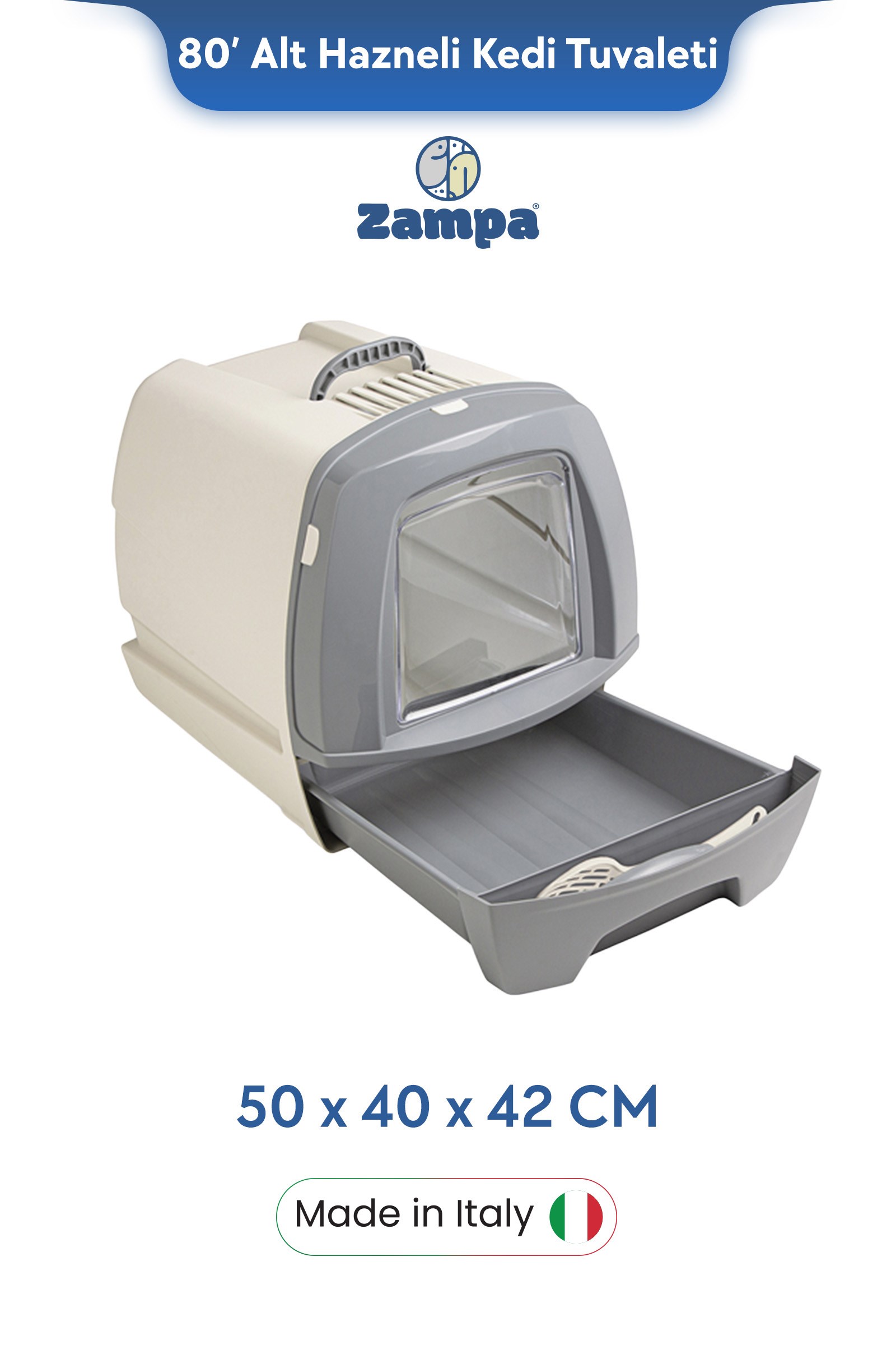 Zampa Plus 80' Alt Hazneli Kapalı Kedi Tuvaleti Küçük 50x40x42 cm