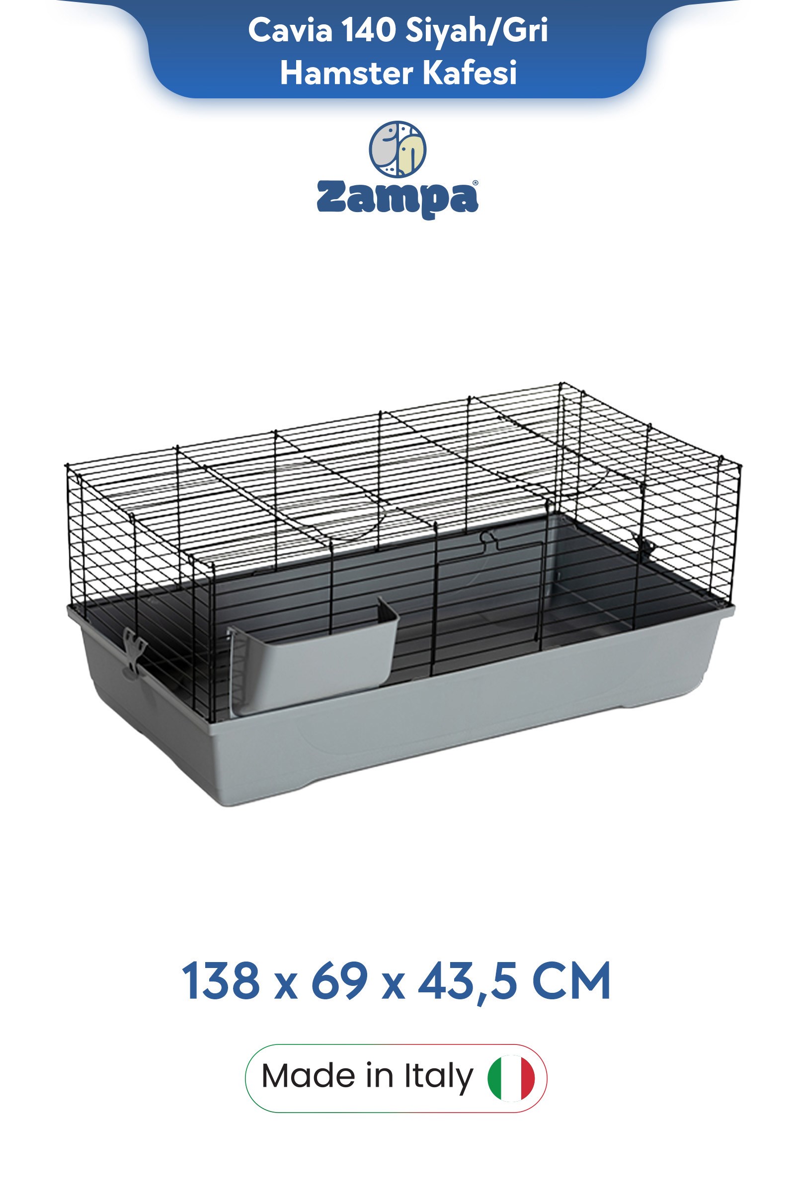 Zampa Plus Cavia 140 Düz Tavşan Kafesi Siyah/Gri 138x69x43,5 cm