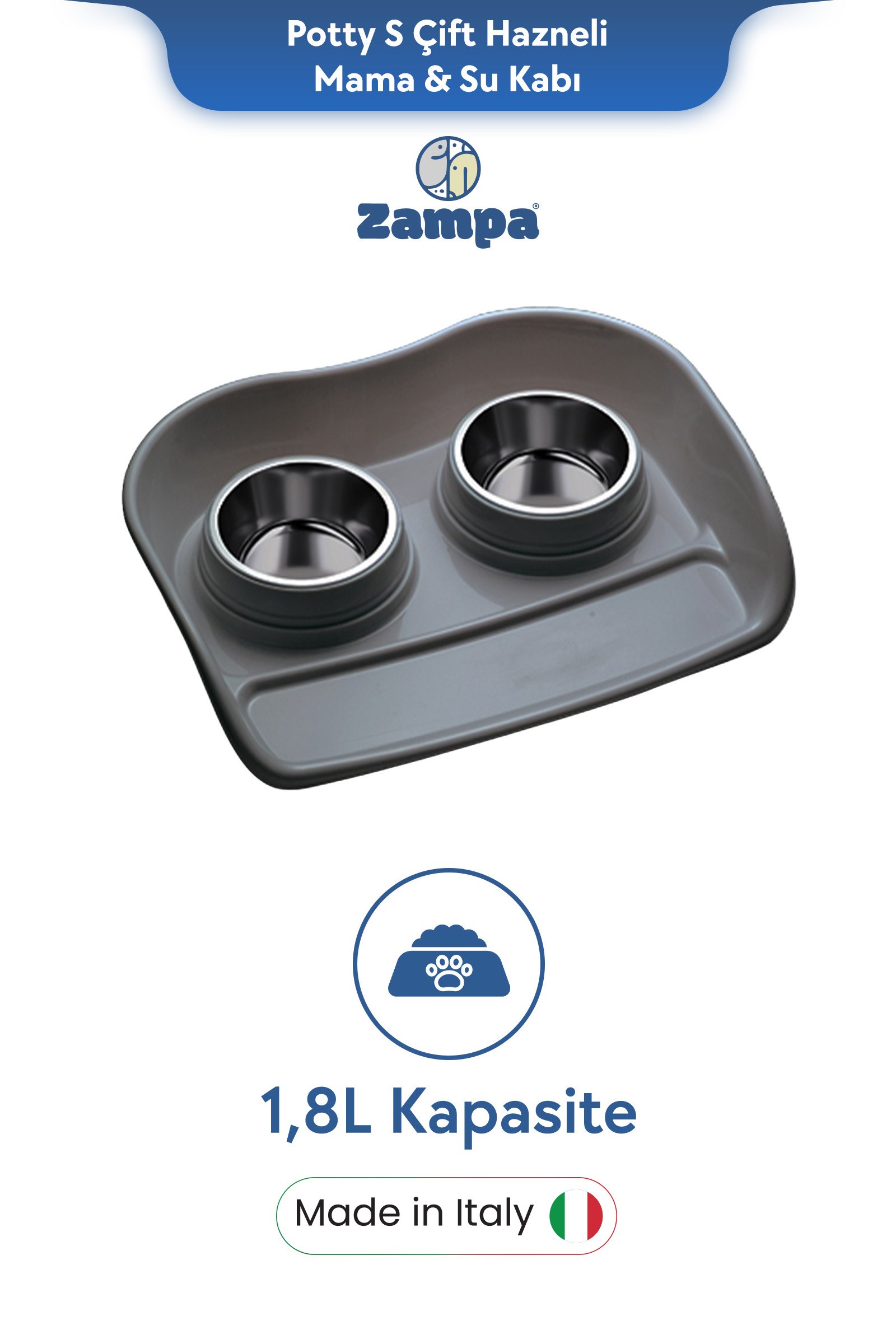 Zampa Plus Potty L Çift Hazneli Mama & Su Kabı 1.8L