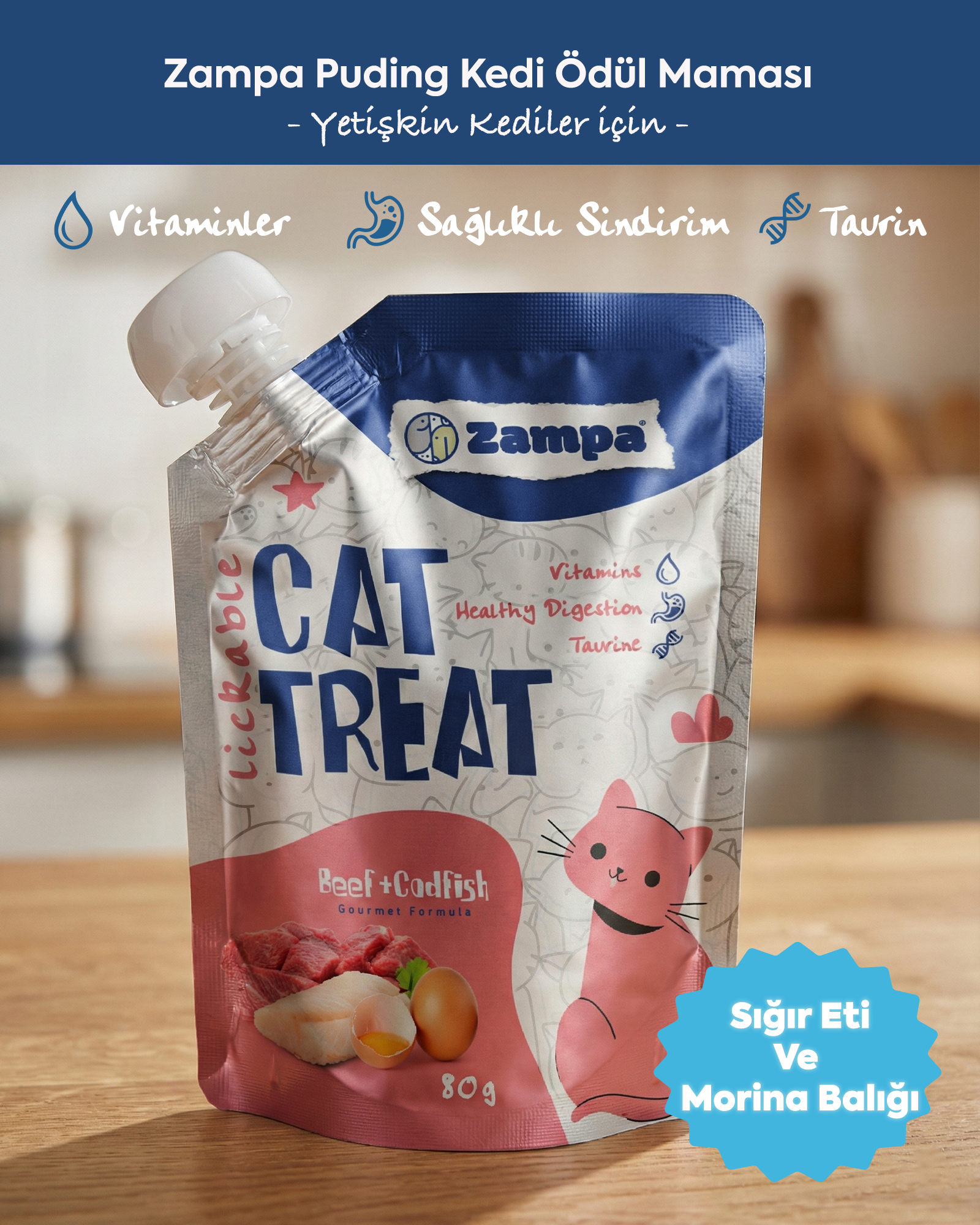 Zampa Puding Kedi Ödülü - Dana Etli & Morina Balıklı - 80g