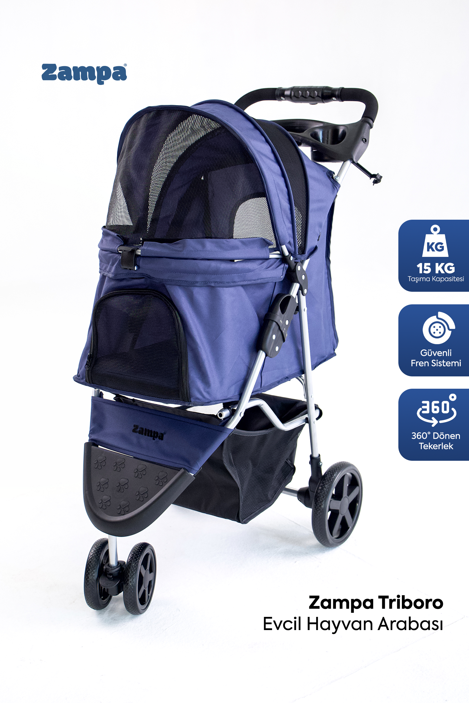 Zampa TriBoro Cat & Dog Stroller Navy Blue, 45x80x90cm