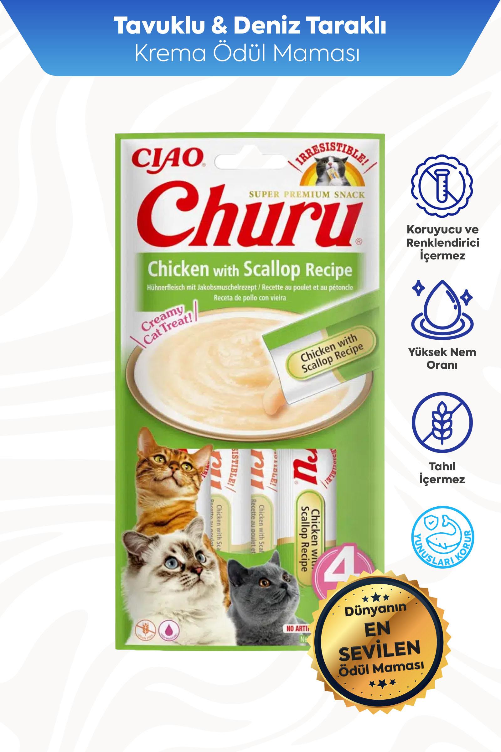 Ciao Churu Cream Tavuklu ve Deniz Taraklı Kedi Ödül Kreması 4 x 14 Gr