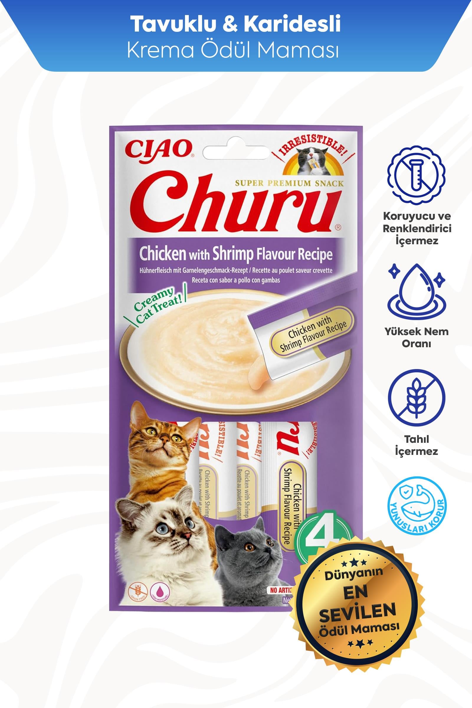 Ciao Churu Cream Tavuklu ve Karidesli Kedi Ödül Kreması 4 x 14 Gr