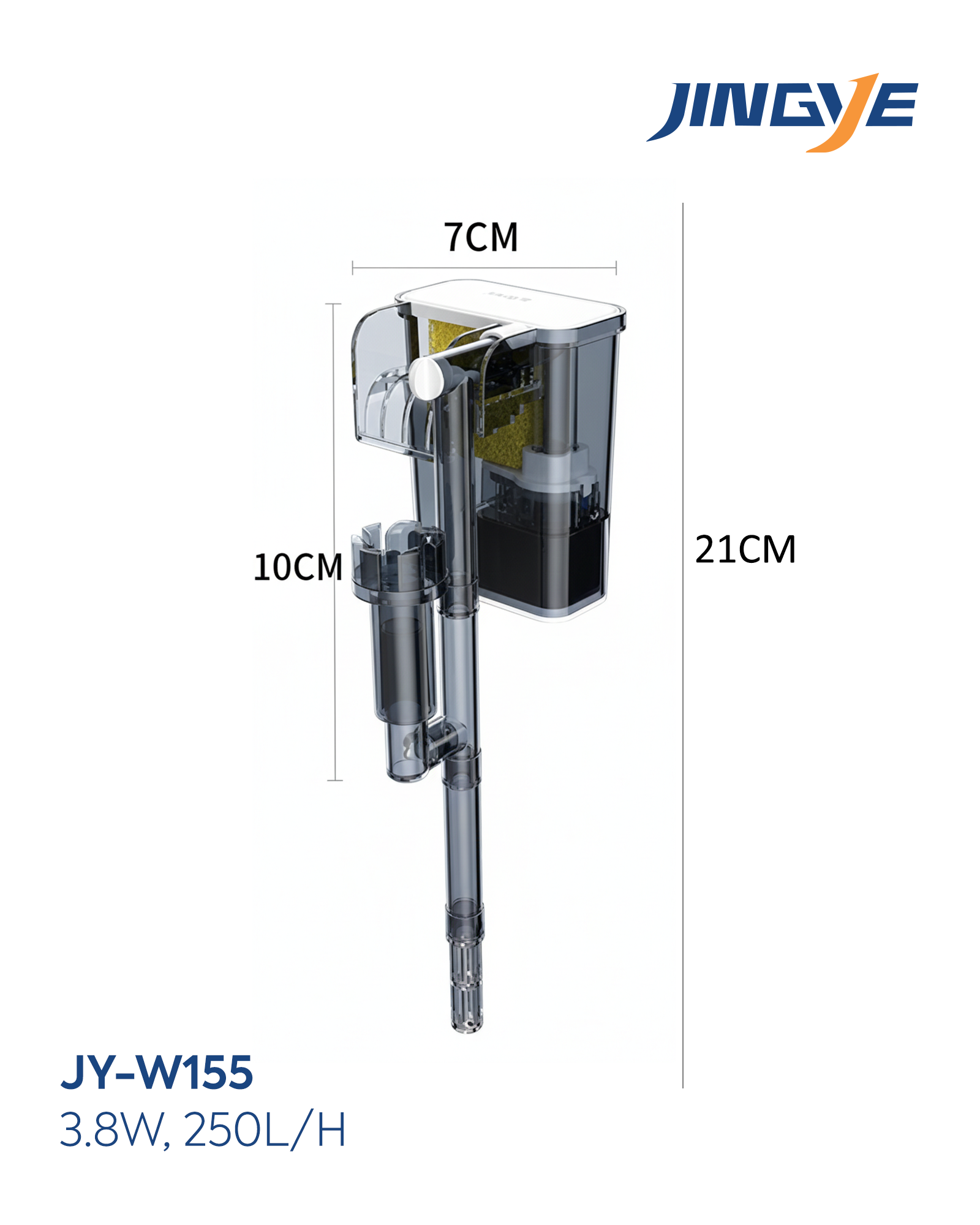 Jingye Akvaryum Asmalı Şeffaf İç Filtre Beyaz 3.8W, 250L/H
