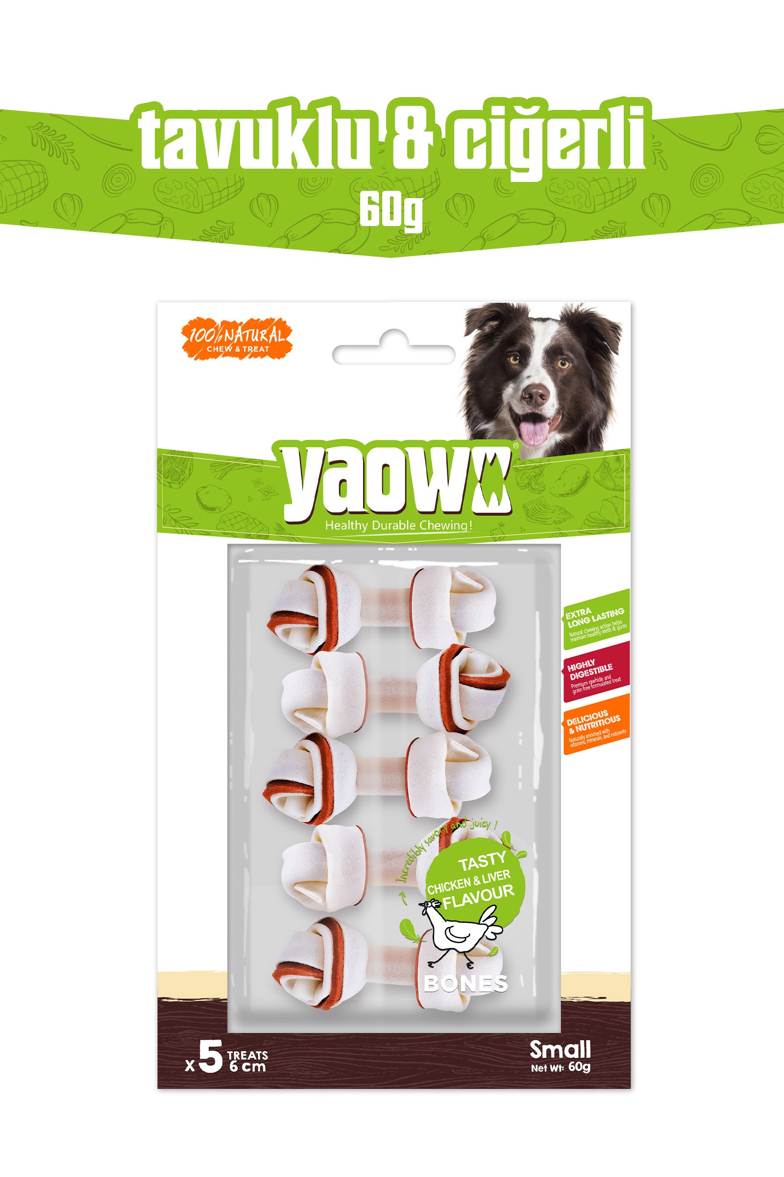 YAOWO 2,5 İnç Küçük Boy Kemik Köpek Çiğneme Ödülü 5 Adet 60 g