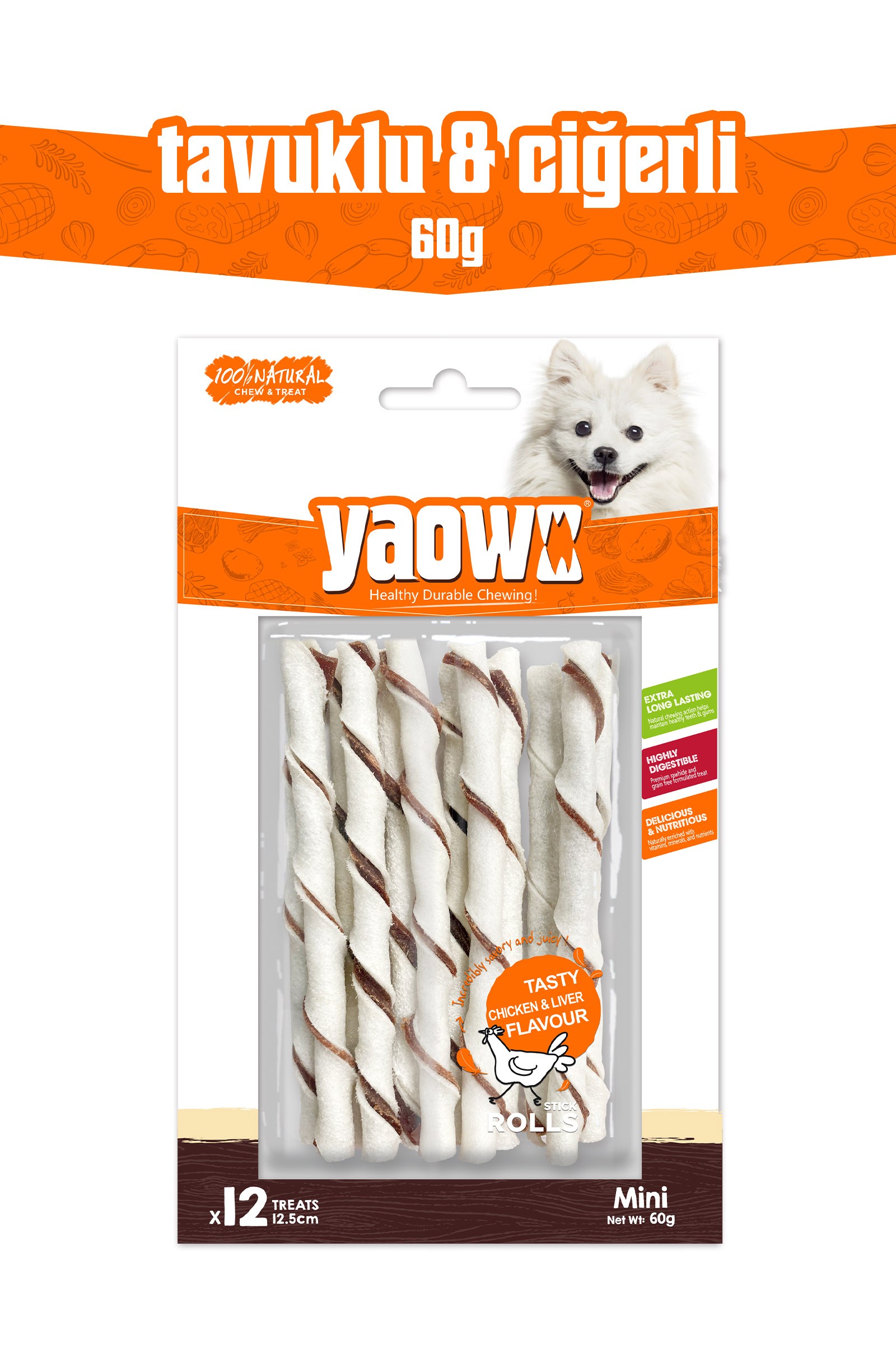 YAOWO 4 İnç Mini Rulo Çubuk Köpek Çiğneme Ödülü 12 Adet 60 g
