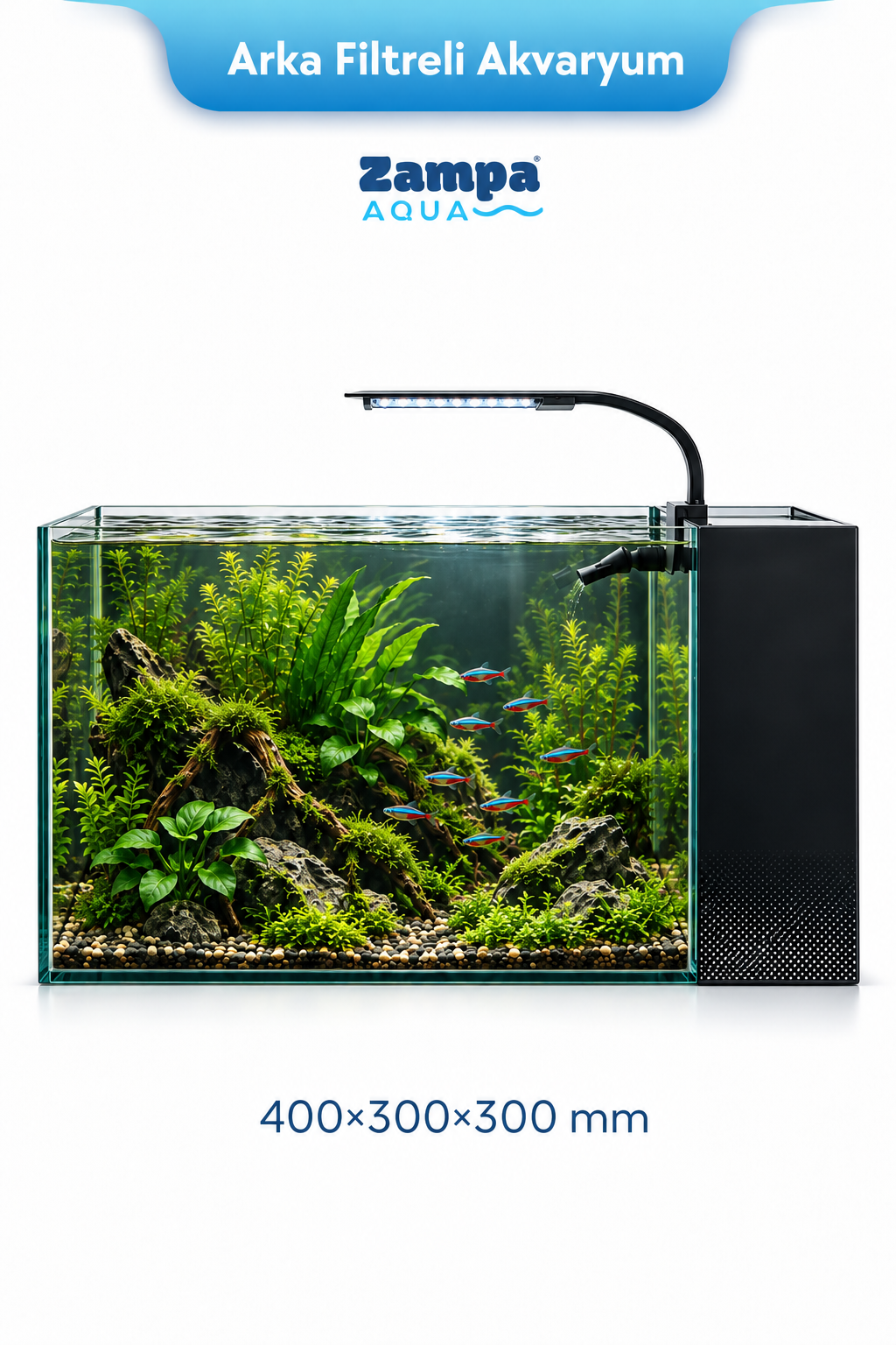 Zampa AQUA Jingming Akvaryum Arka Filtreli Siyah 400×300×300 mm