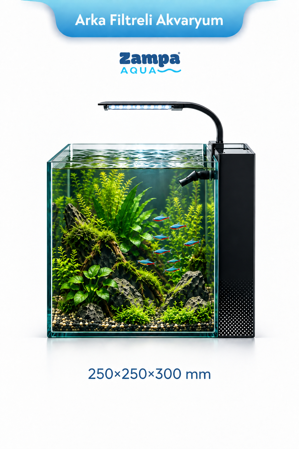 Zampa AQUA Jingming Akvaryum Arka Filtreli Siyah 250×250×300 mm